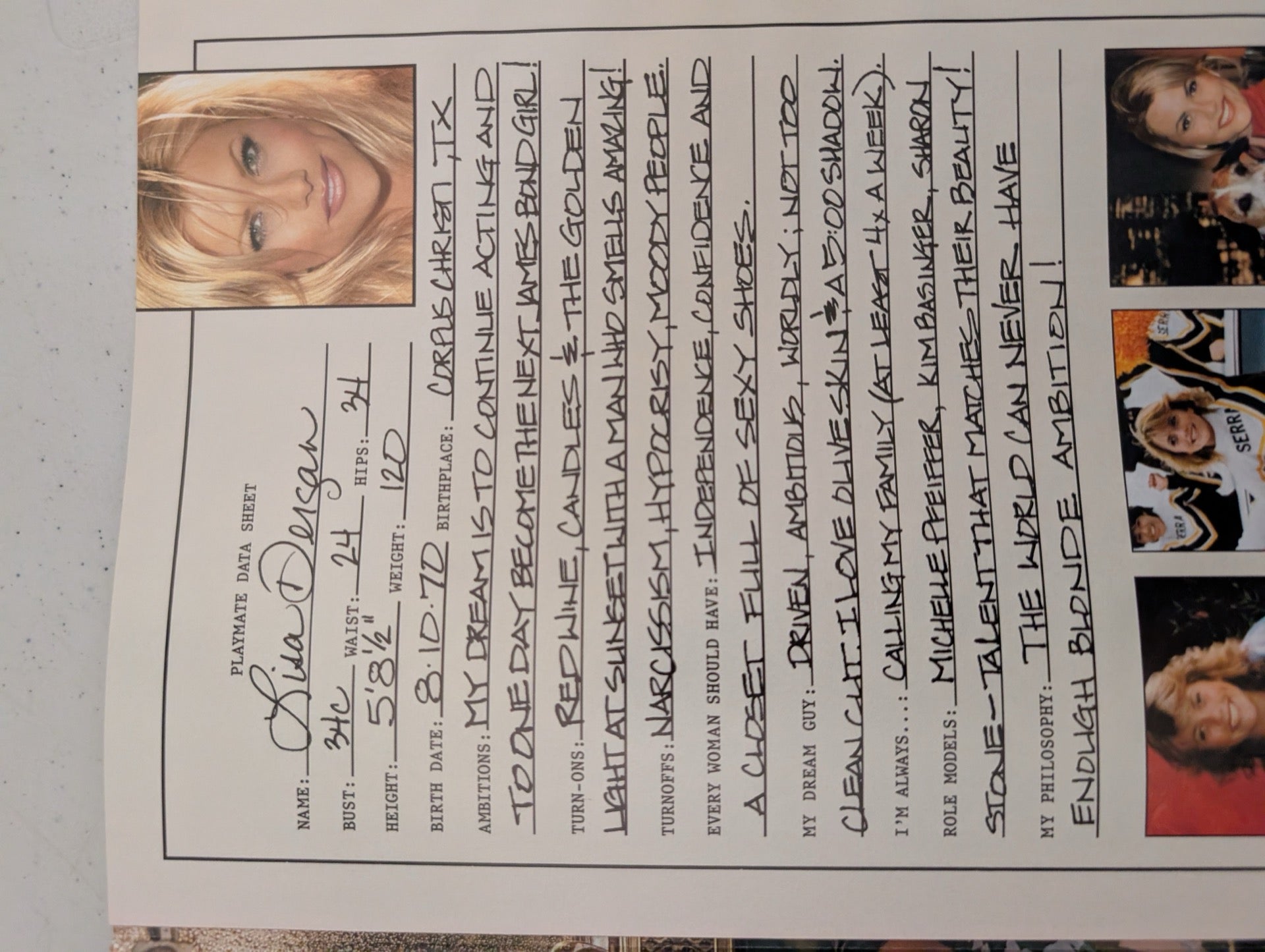 Lisa Dergan data sheet inside magazine