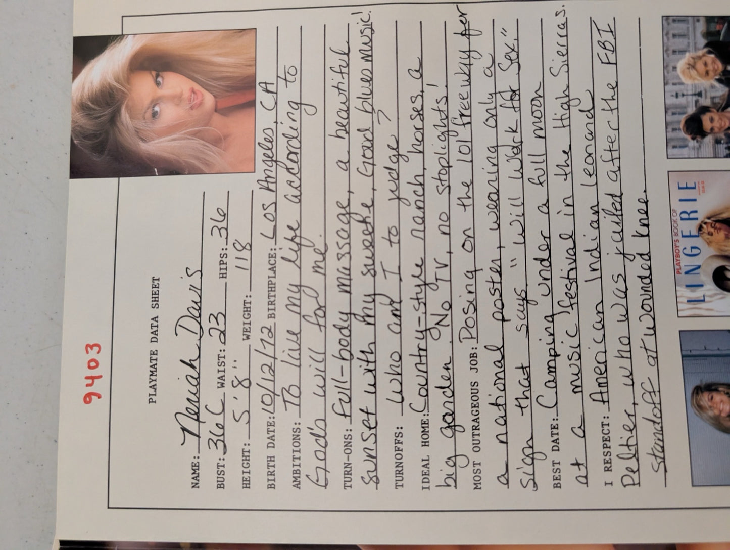 Neriah Davis data sheet inside magazine