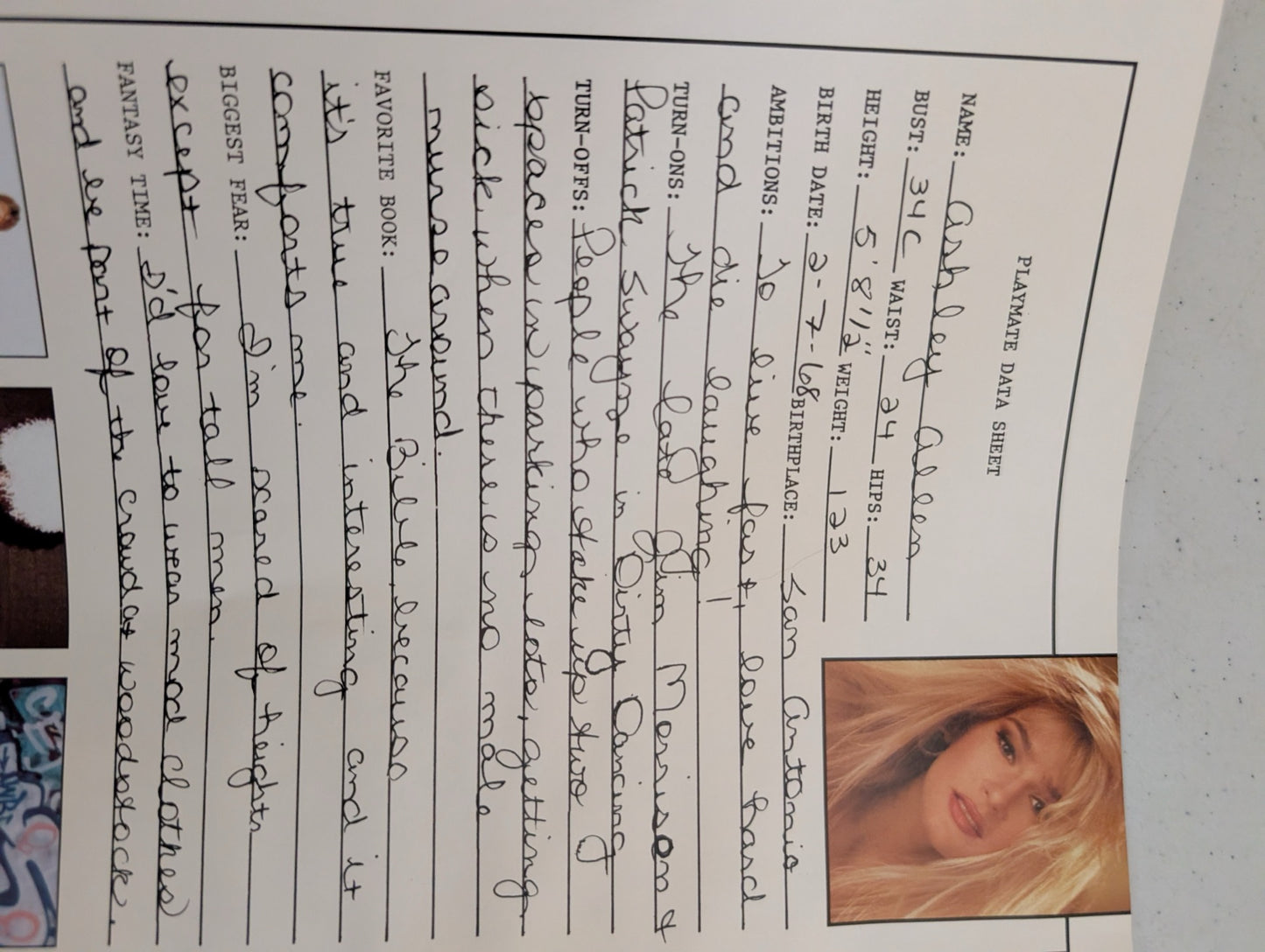 Ashley Allen data sheet inside magazine