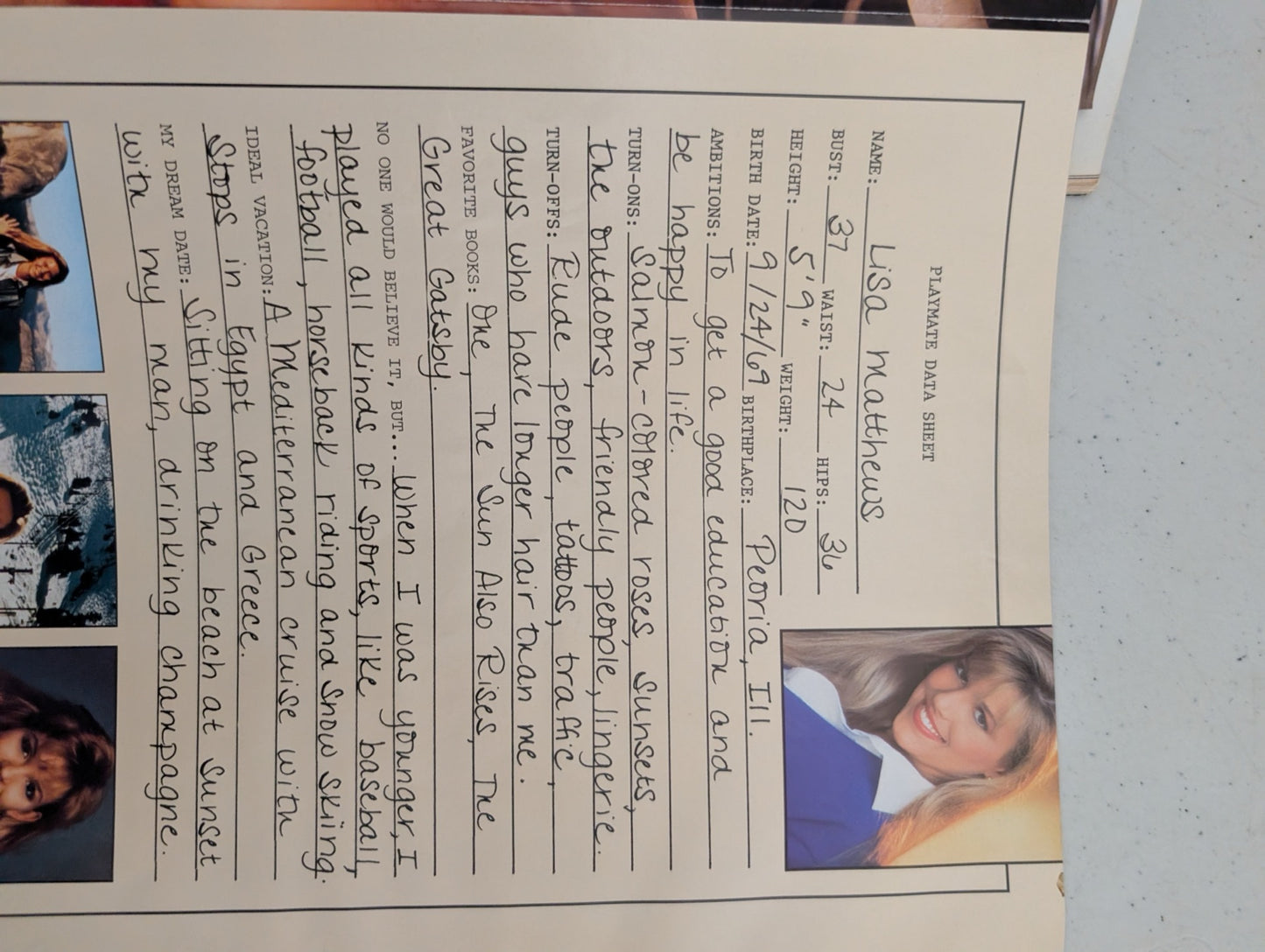 Lisa Matthews data sheet inside magazine