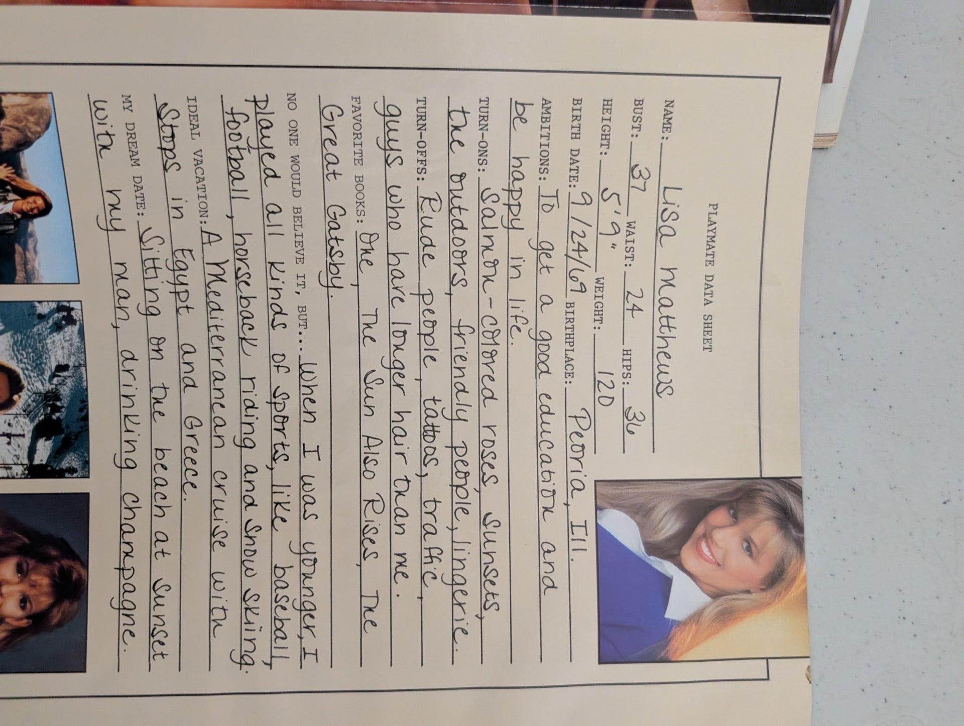 Lisa Matthews data sheet inside magazine