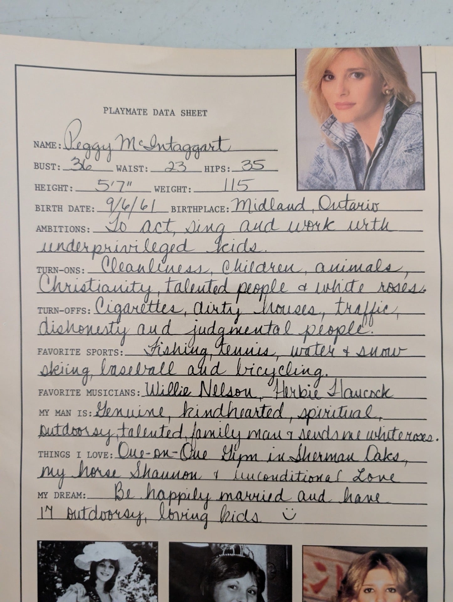 Peggy McIntaggart data sheet inside magazine