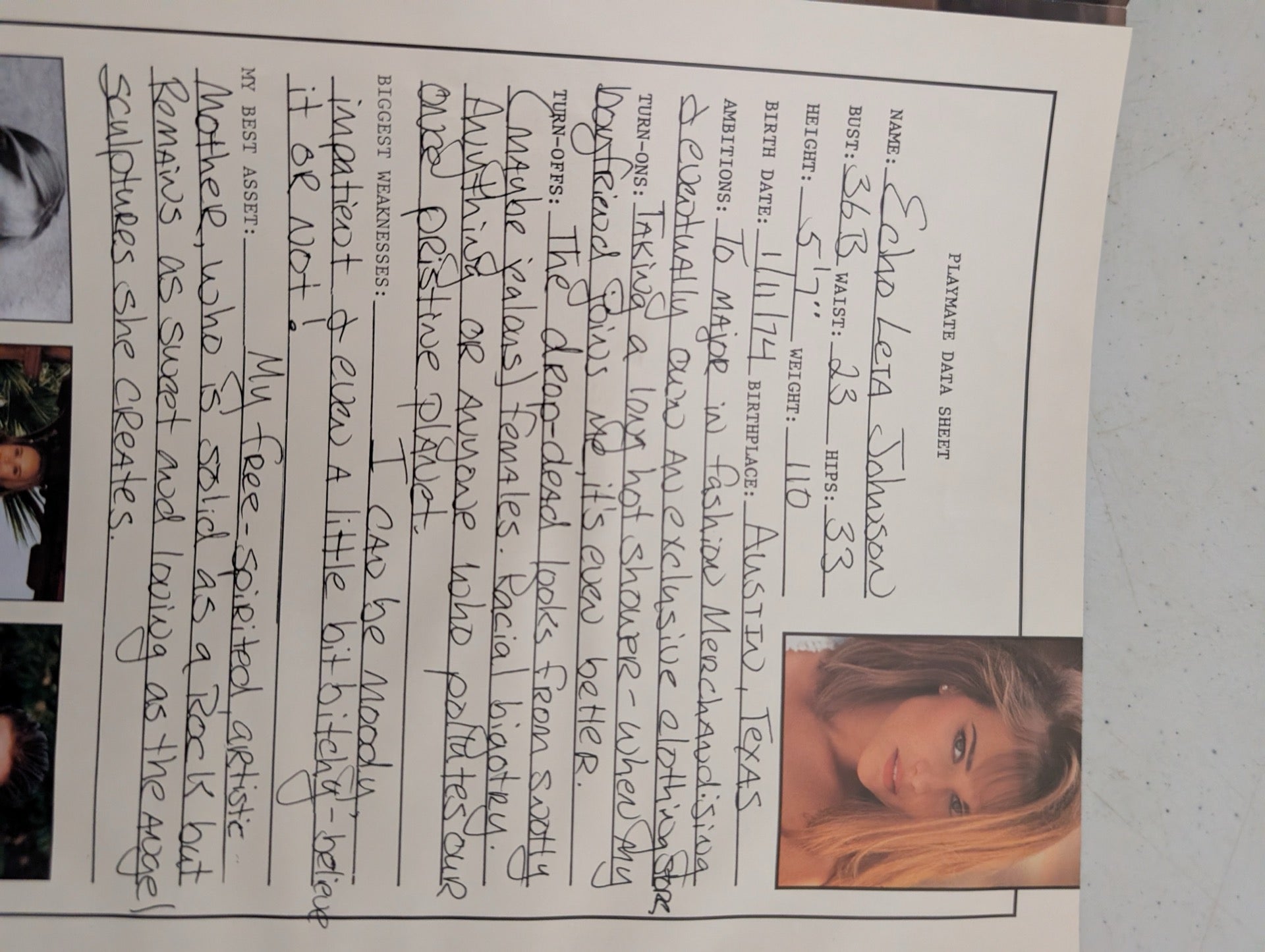 Echo Leta Johnson data sheet inside magazine