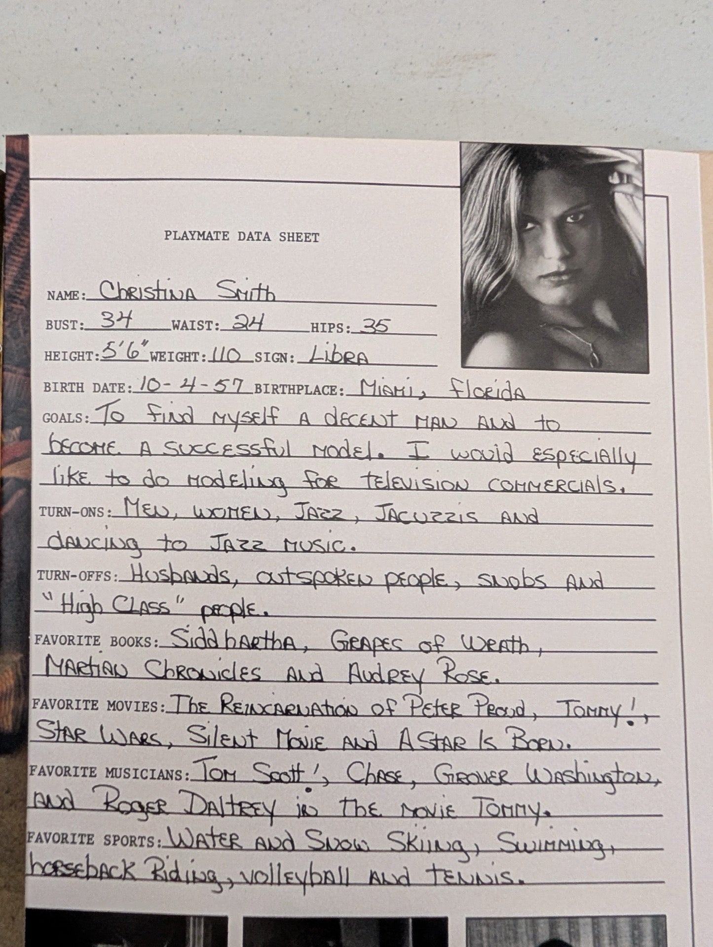 Christina Smith Playmate Data Sheet March 1978