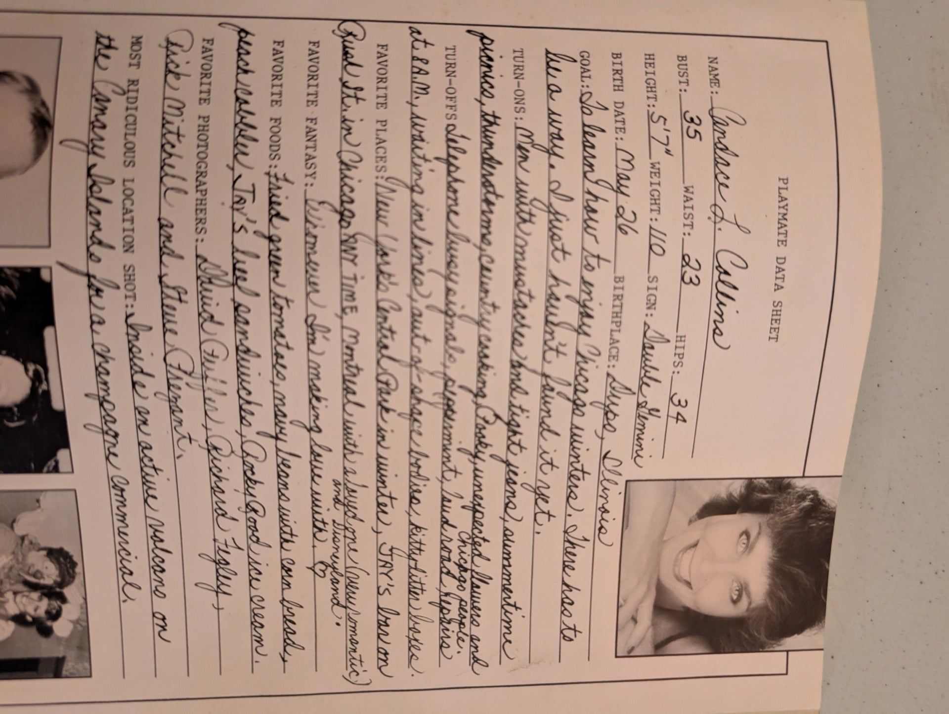 Candace L Collins Playmate Data Sheet December 1979