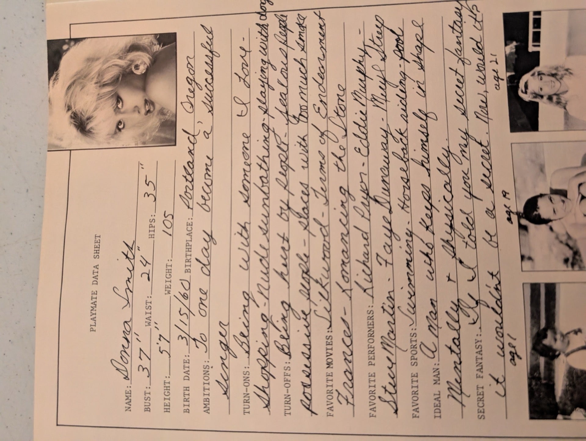 Donna Smith Playmate Data Sheet March 1985