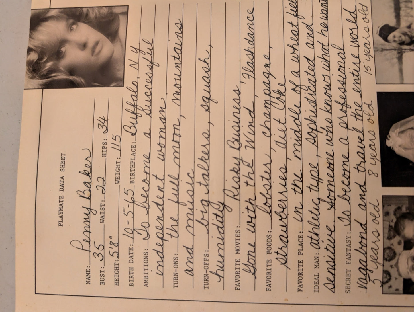 Penny Baker Playmate Data Sheet January 1984