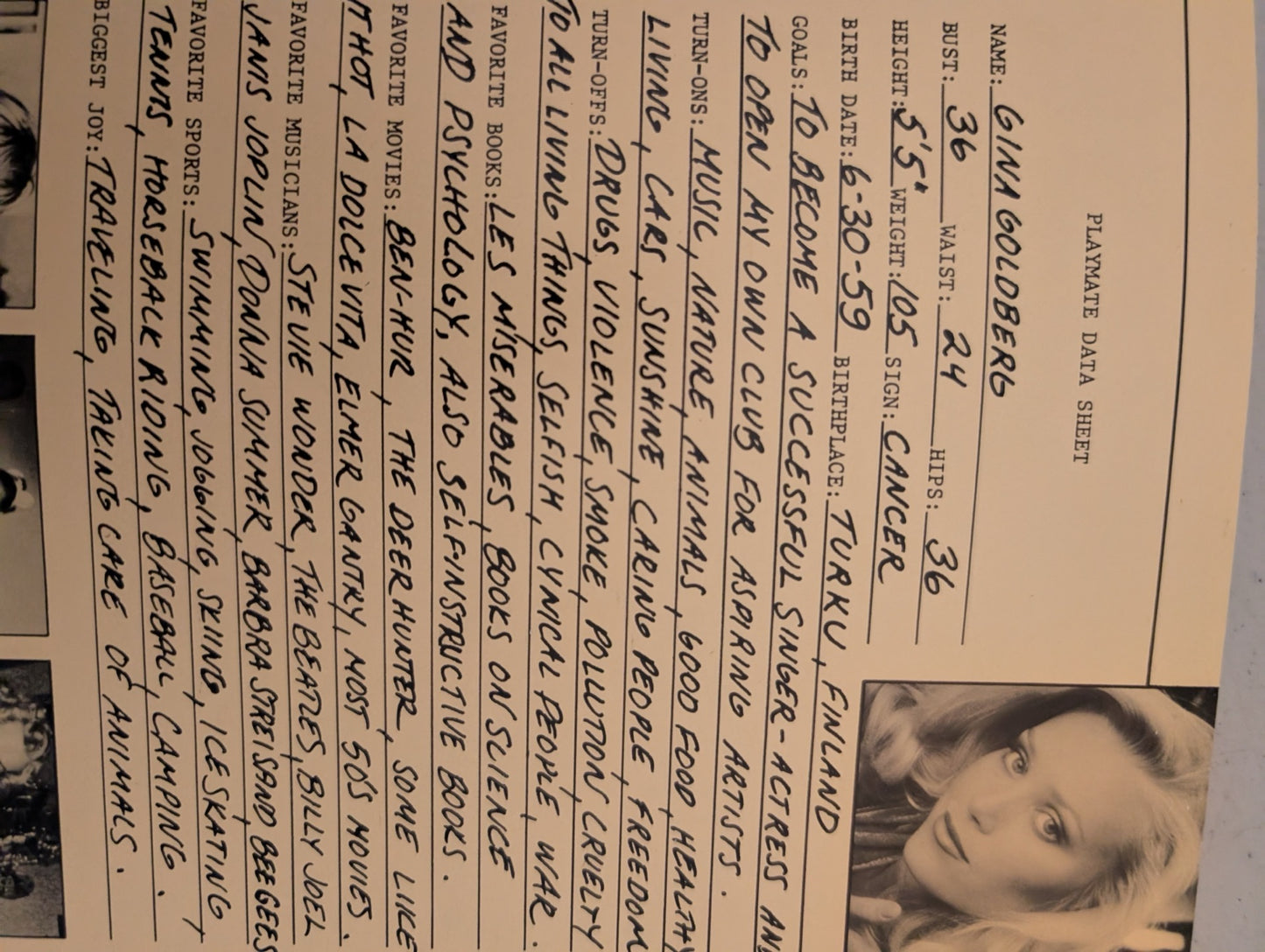 Gina Goldberg Playmate Data Sheet May 1981