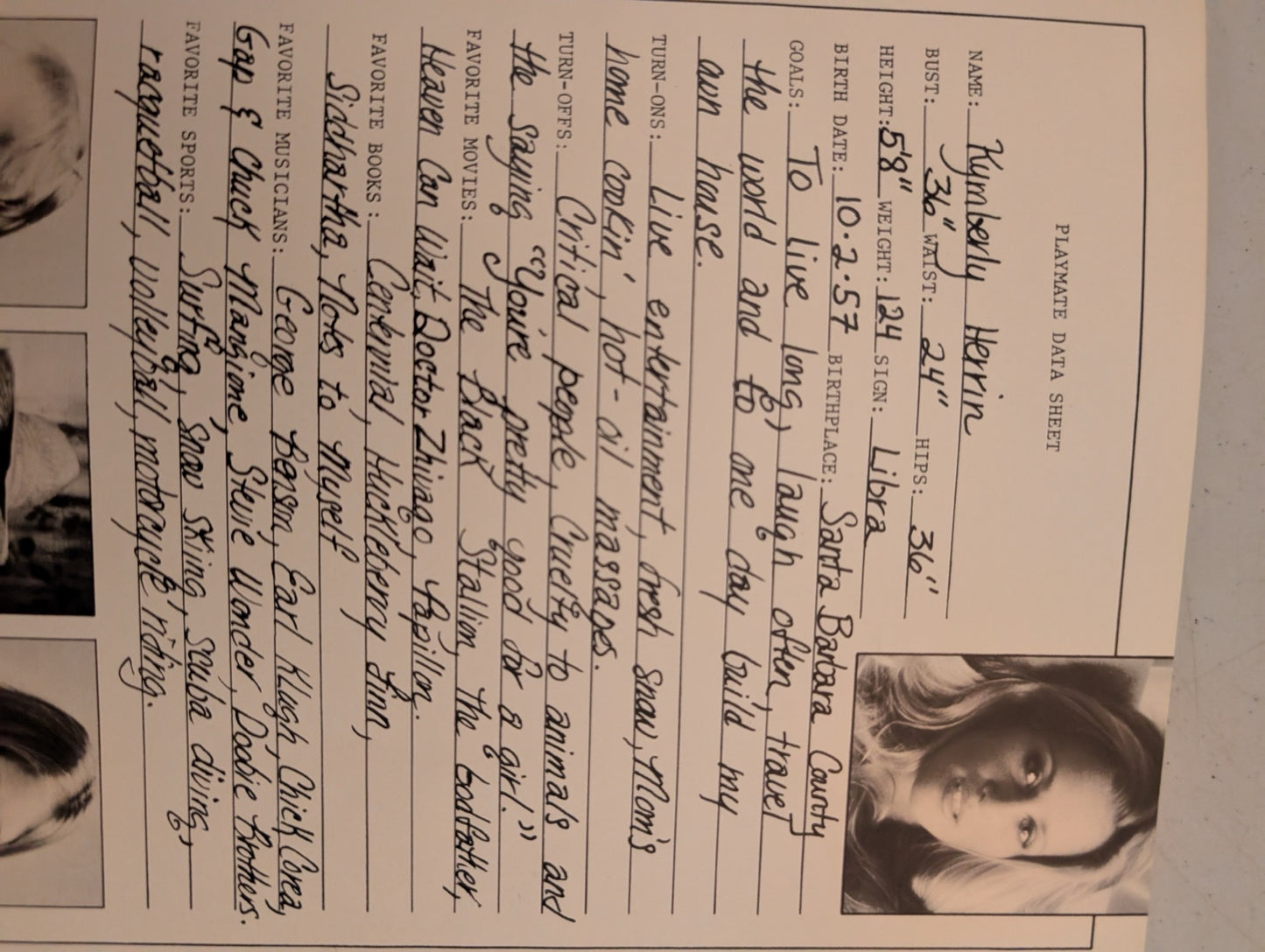 Kymberly Herrin Playmate Data Sheet March 1981