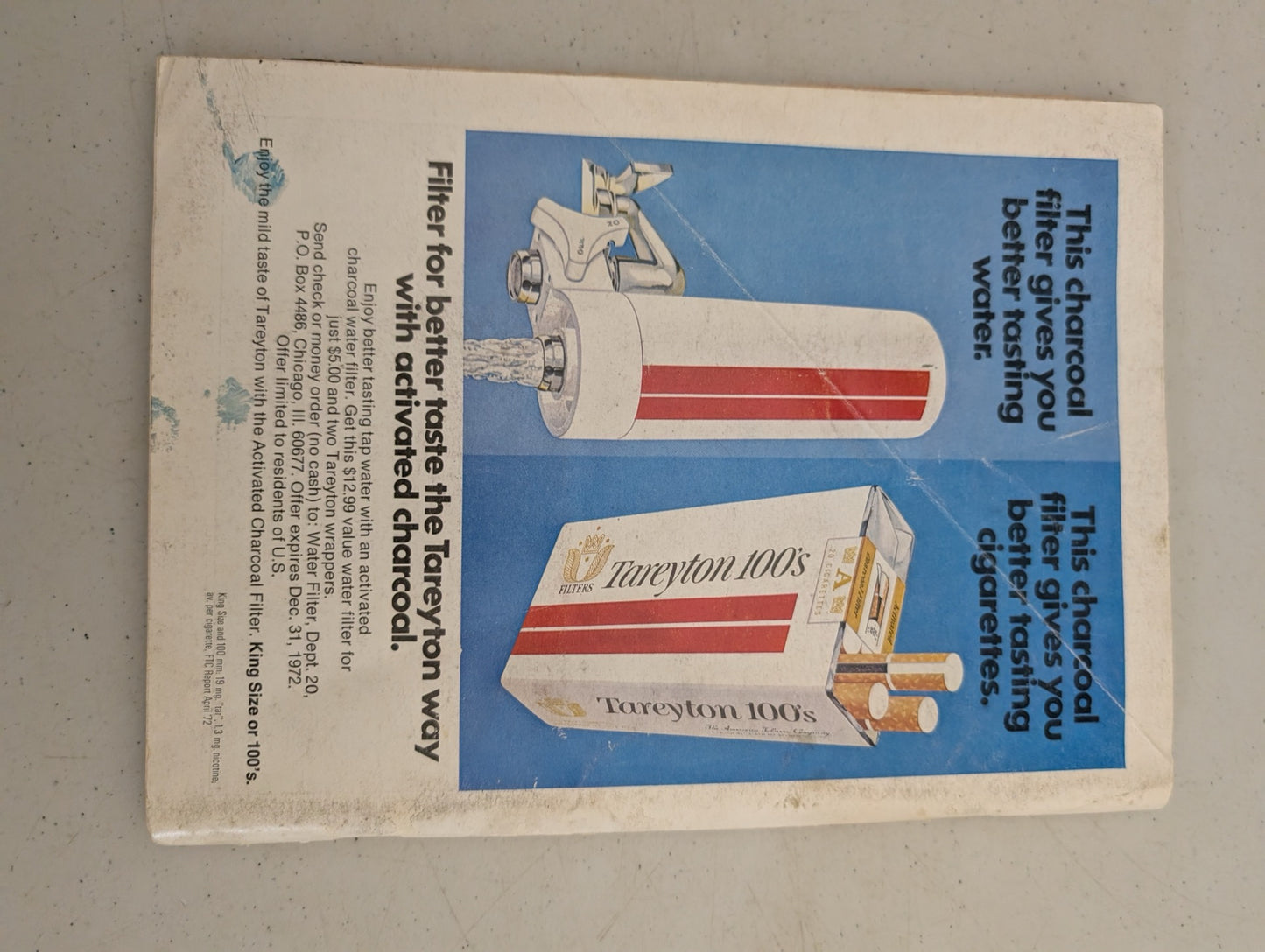 Back cover of vintage 1972 Playboy featuring a Tareyton cigarettes ad