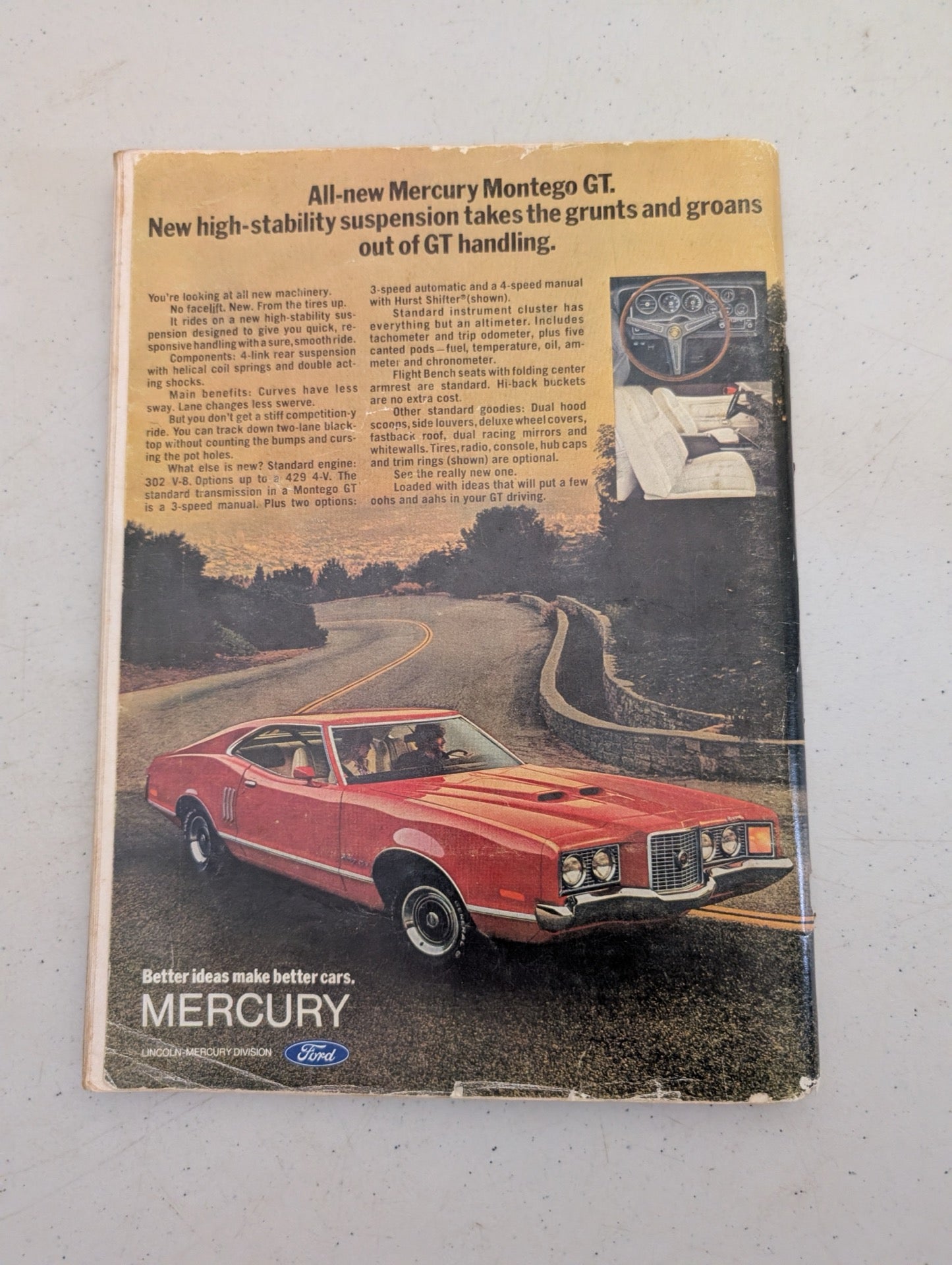 Back cover of vintage 1972 Playboy featuring a Mercury Montego GT car ad