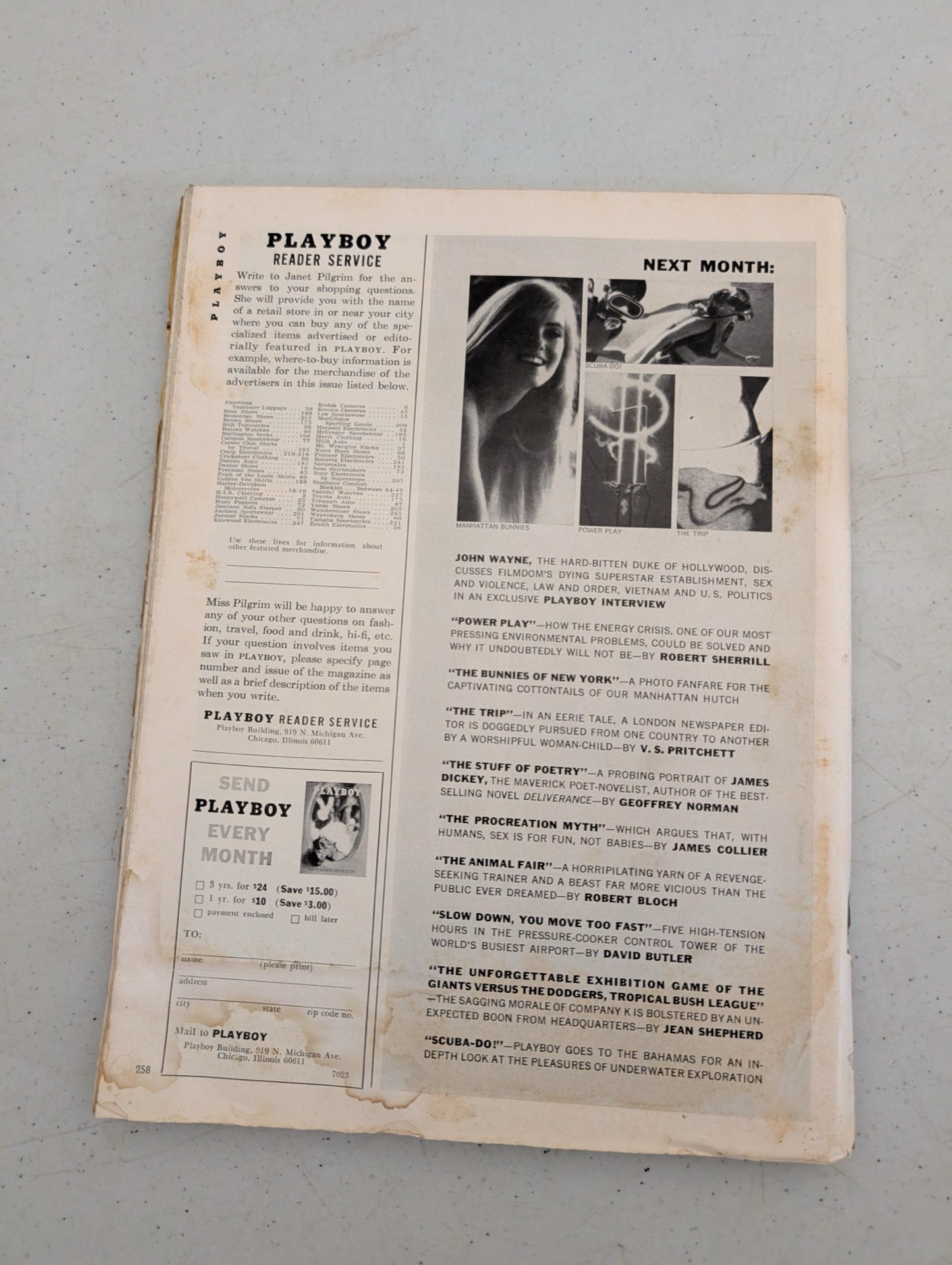 Back cover of vintage 1971 Playboy featuring reader service and next month preview