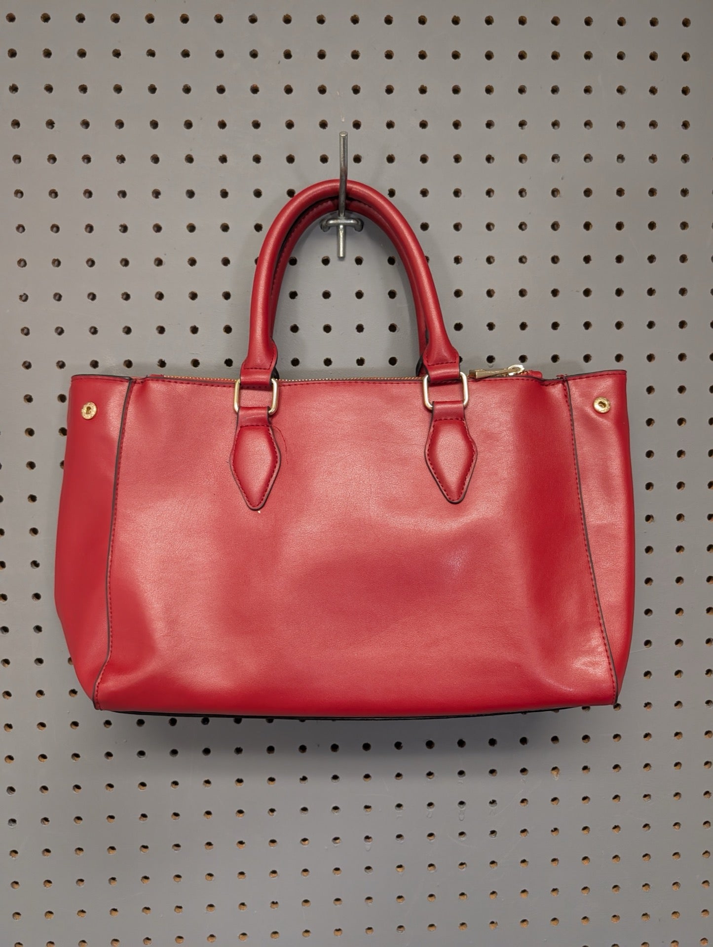 Back view of red satchel tote
