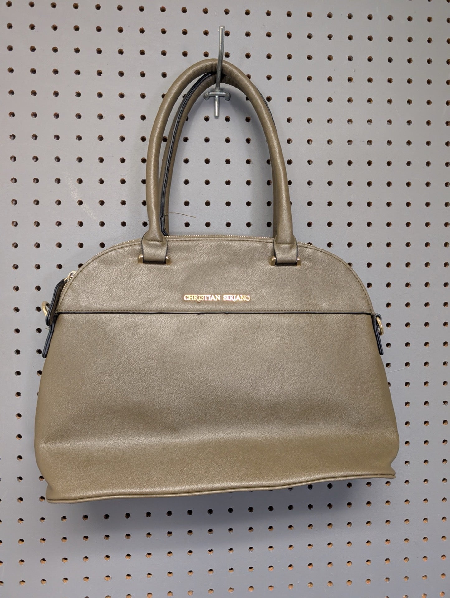Front view of Christian Siriano taupe dome satchel