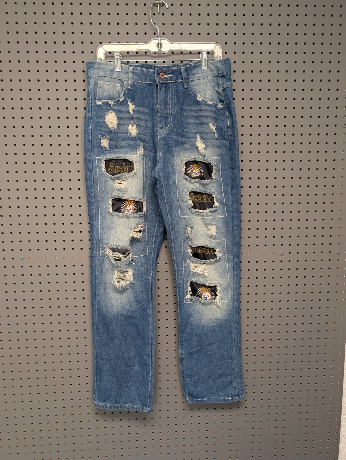Front of custom Steelers distressed jeans
