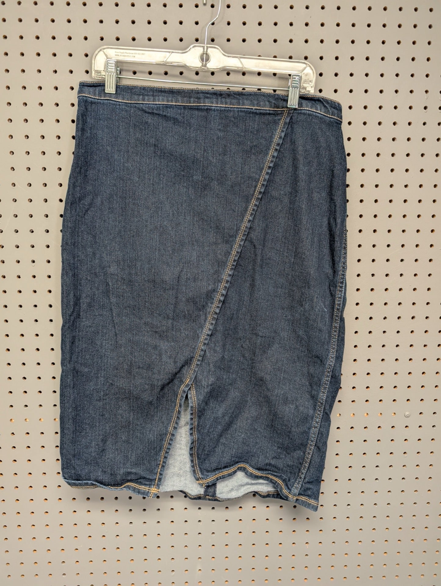 Front view of Du Jour asymmetrical denim skirt