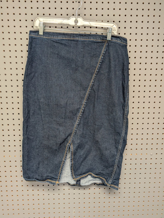 Front view of Du Jour asymmetrical denim skirt