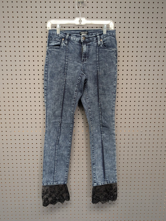 Front view of Venus acid wash jeans with black lace
