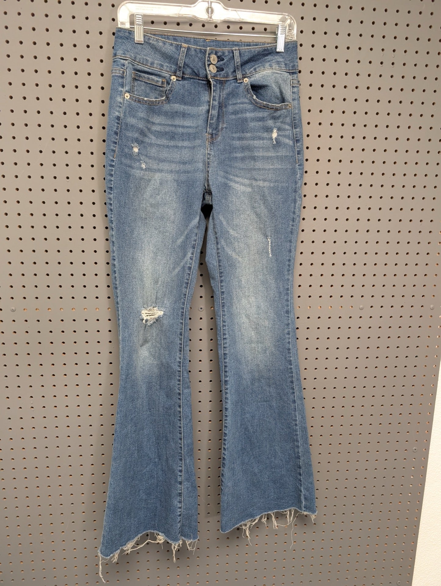 Front view of No Boundaries distressed flare jeans