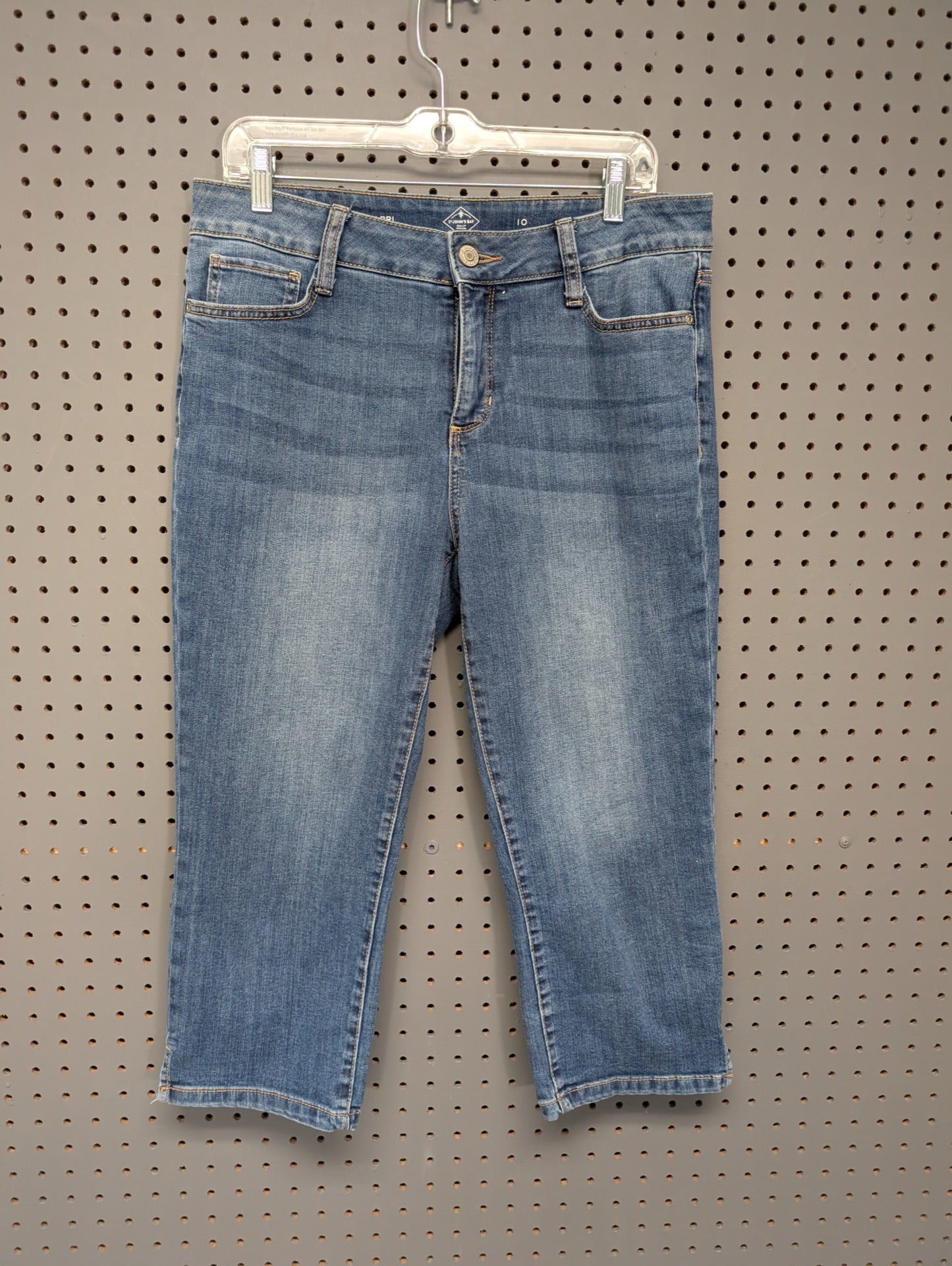 Front view of St. John's Bay medium wash capri jeans