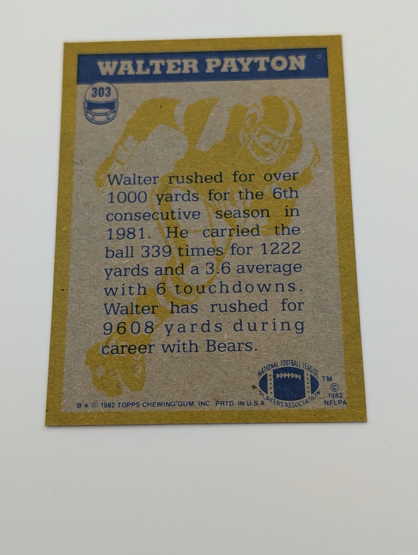 Back view of 1982 Topps Walter Payton In Action football card