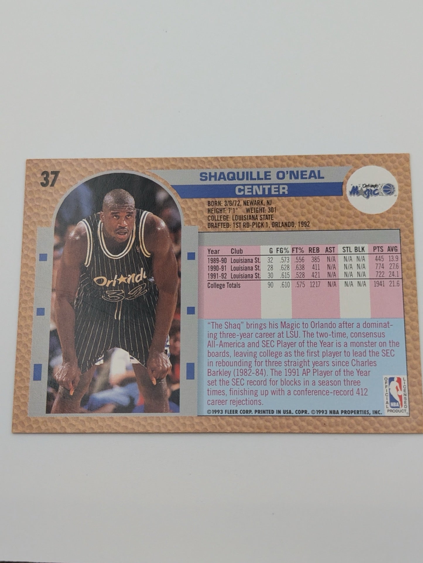 Back view of 1992-93 Fleer Shaquille O'Neal Rookie Card