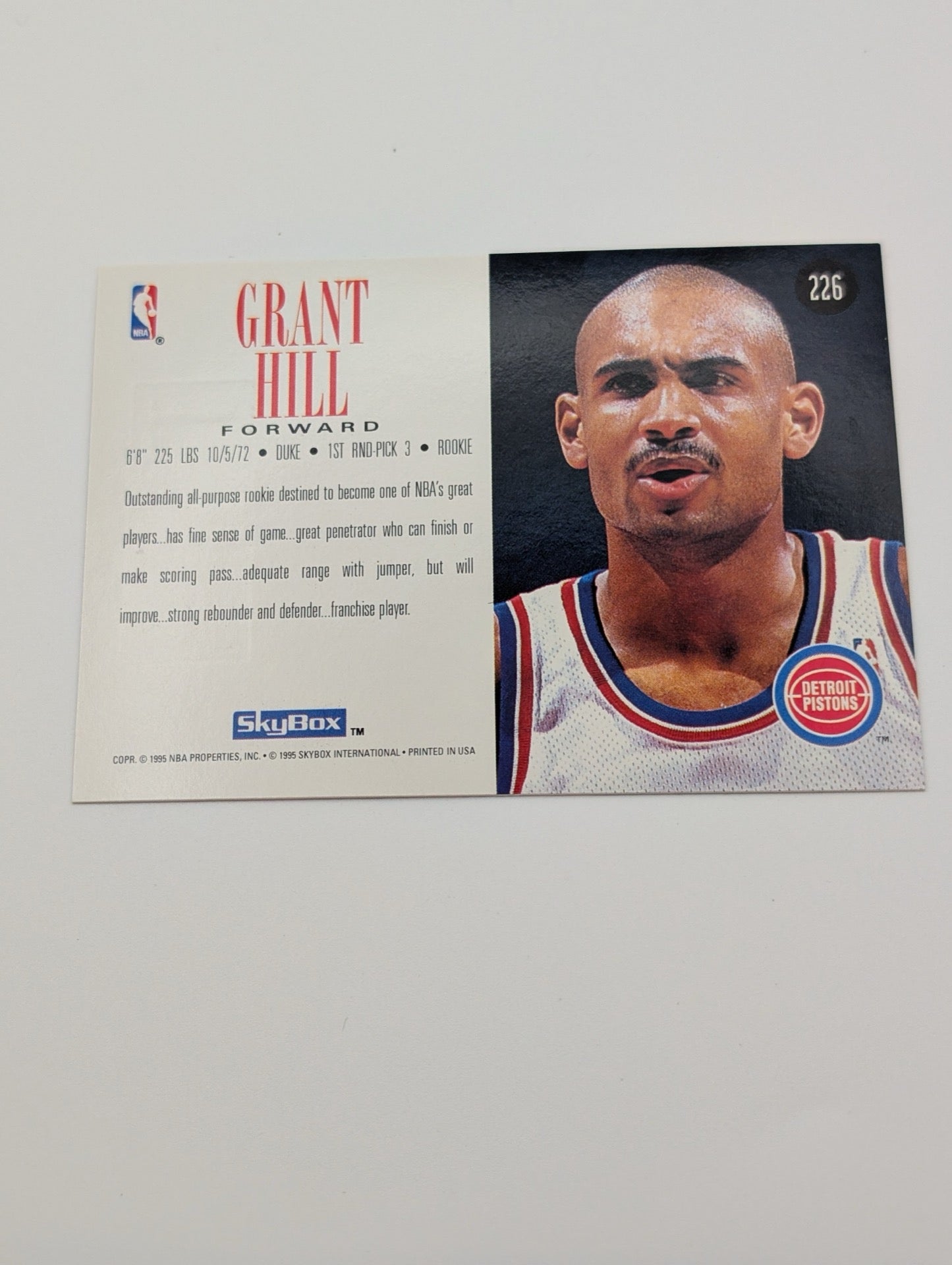 Back view of 1994-95 SkyBox Premium Grant Hill Rookie Card