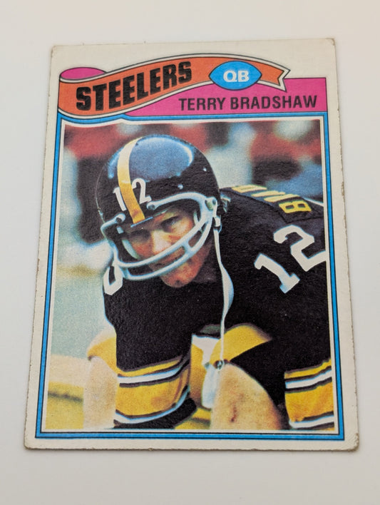 Front view of 1977 Topps Terry Bradshaw football card