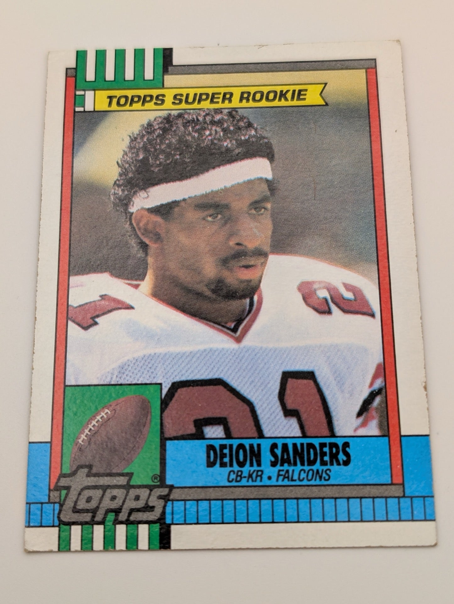 Front view of 1990 Topps Deion Sanders Super Rookie Card