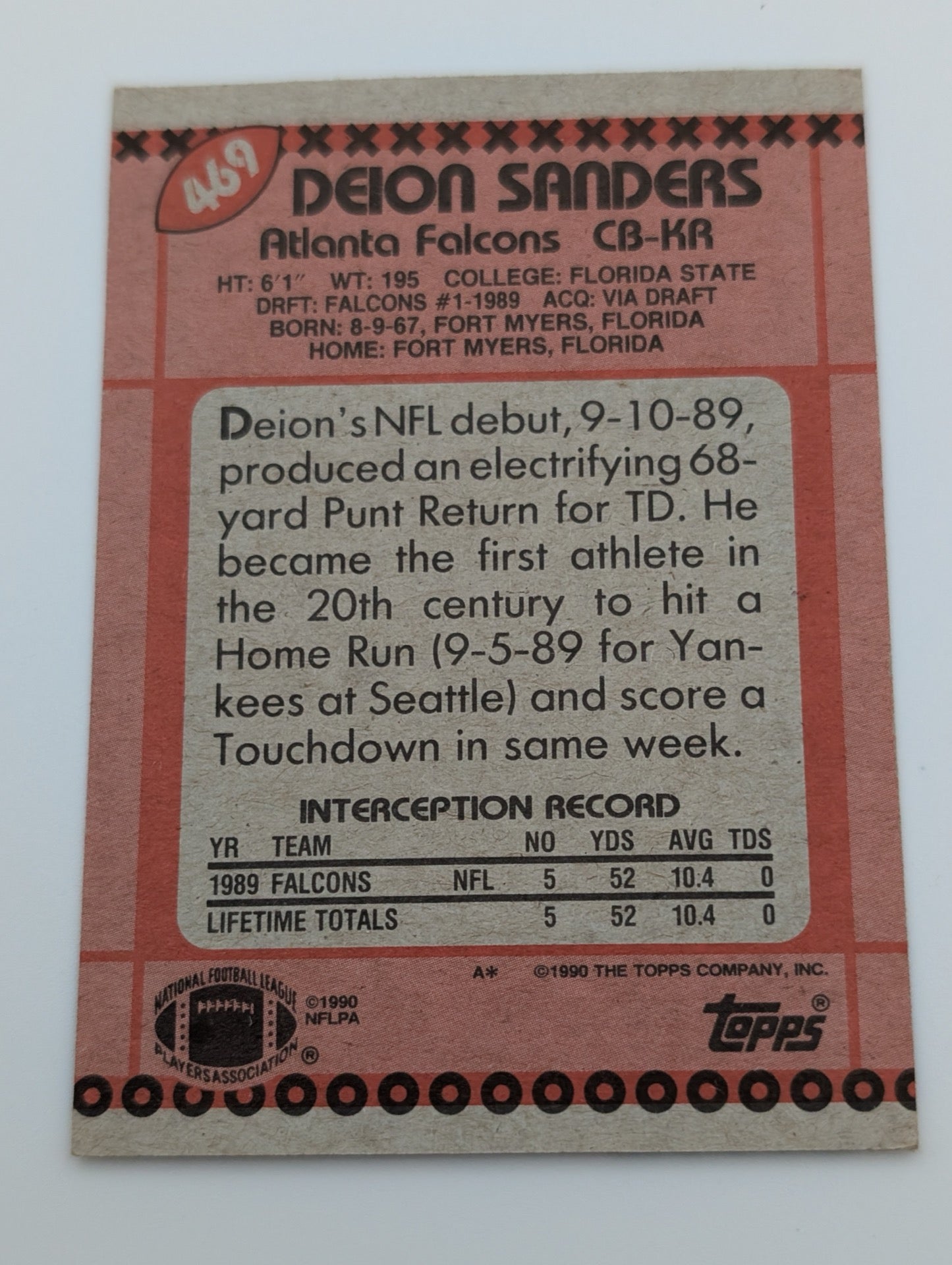 Back view of 1990 Topps Deion Sanders card
