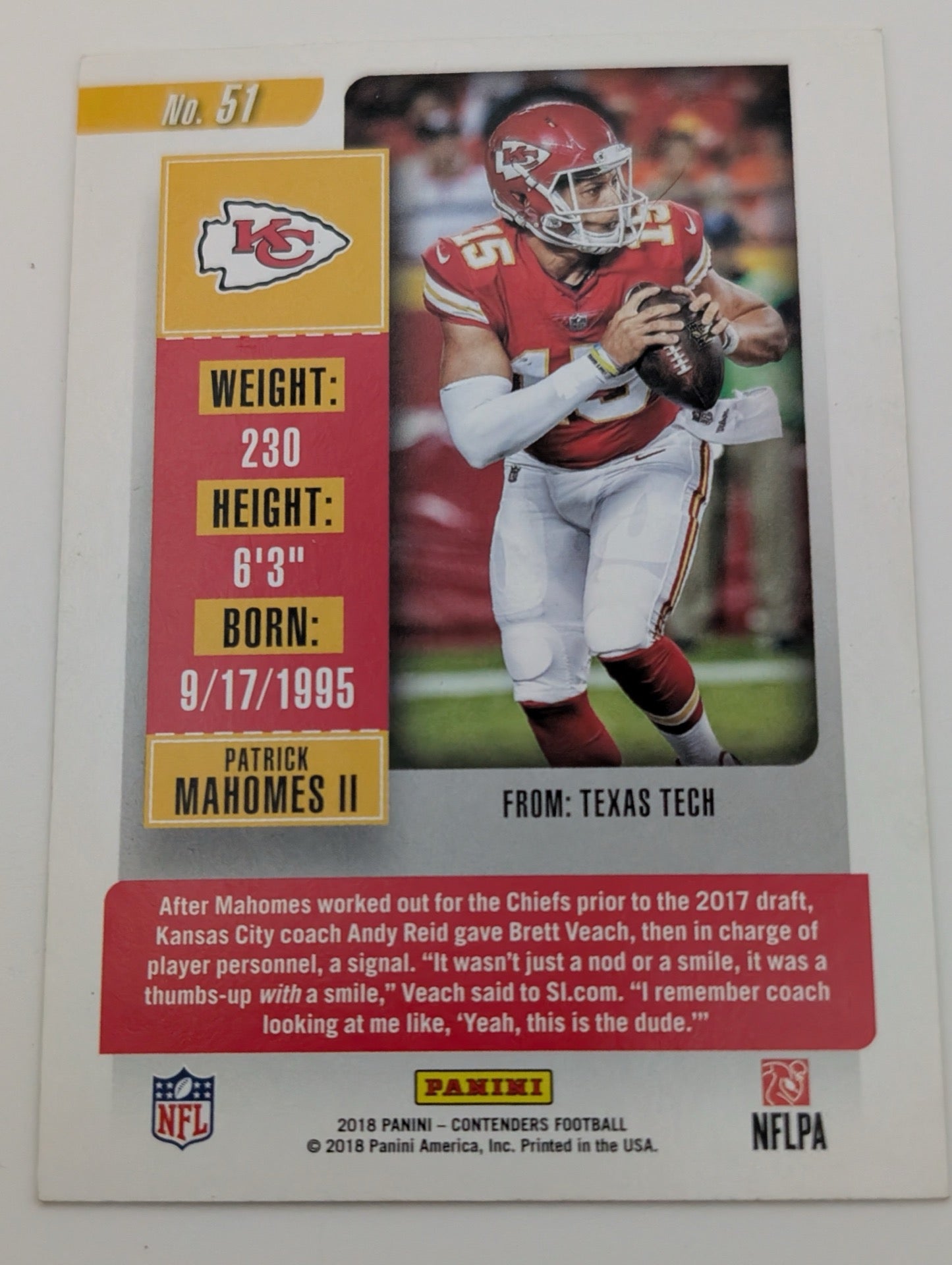 Back view of 2018 Panini Contenders Patrick Mahomes card