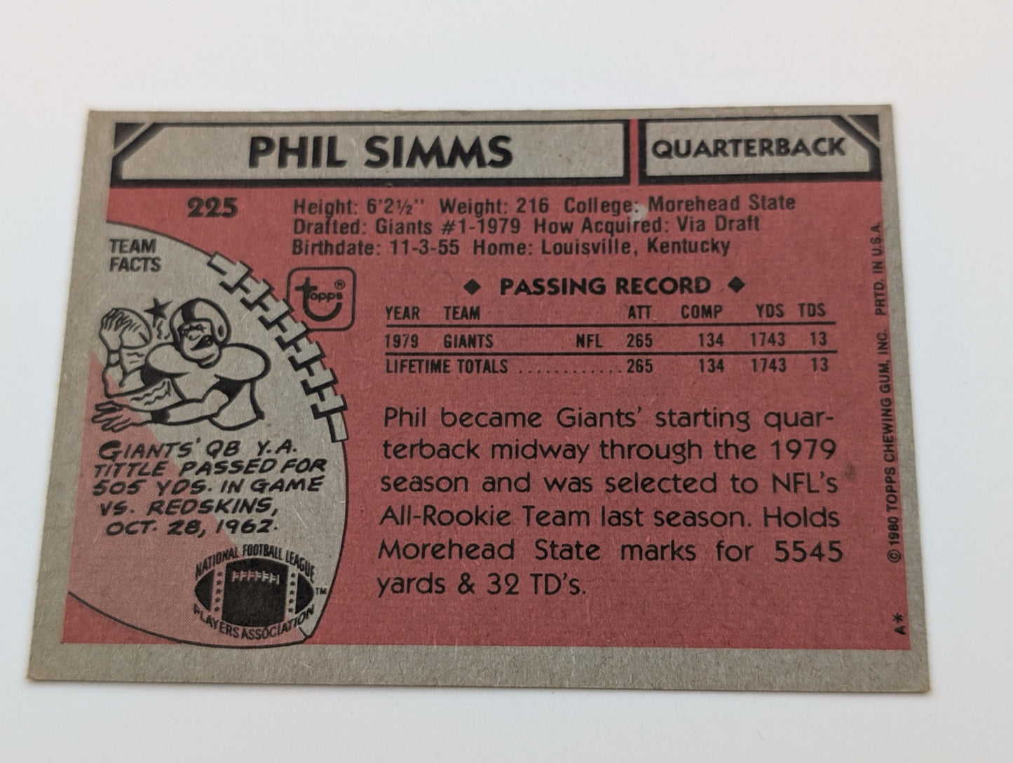Back view of 1980 Topps Phil Simms Rookie Card