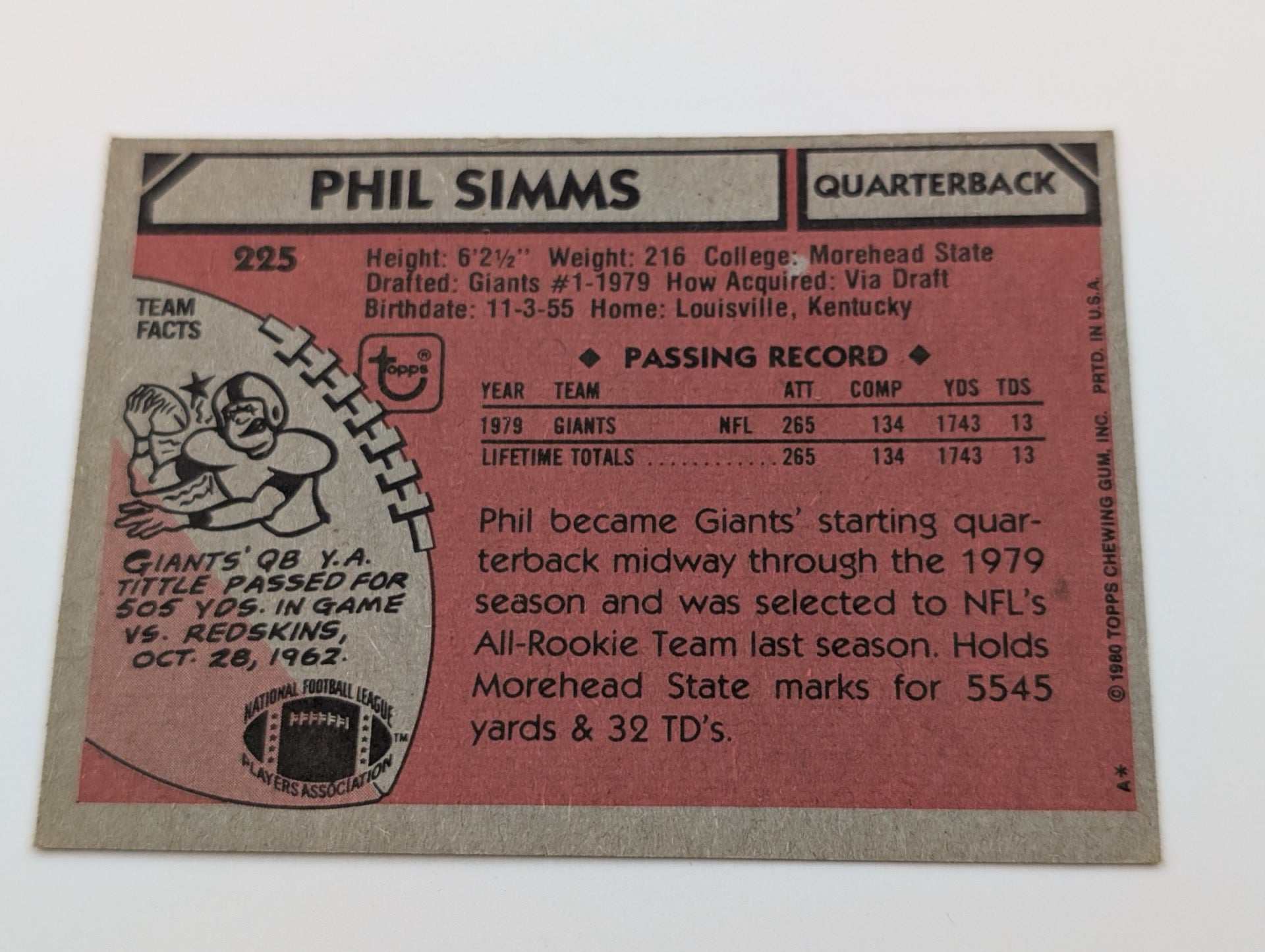 Back view of 1980 Topps Phil Simms Rookie Card