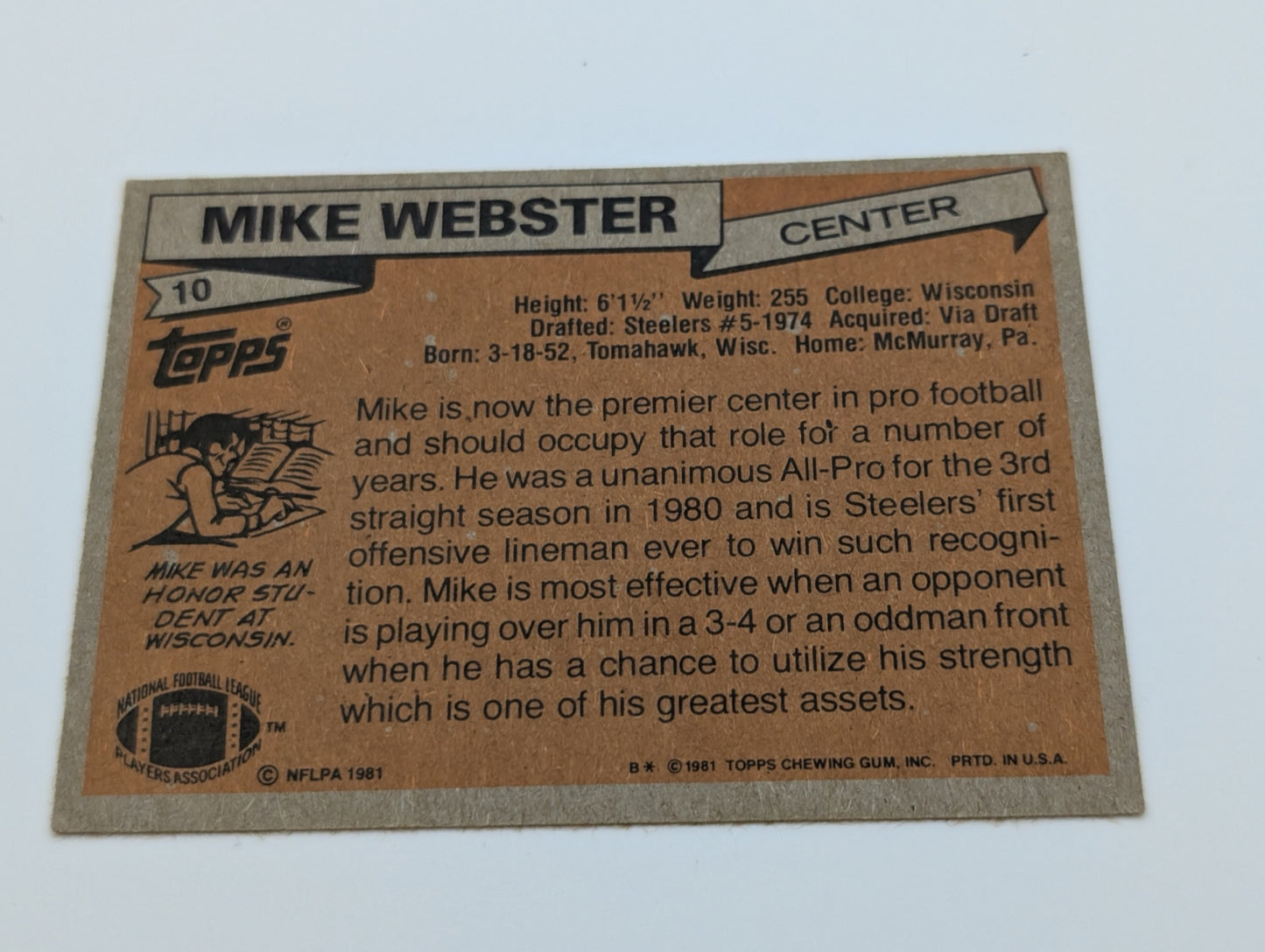 Back view of 1981 Topps Mike Webster football card