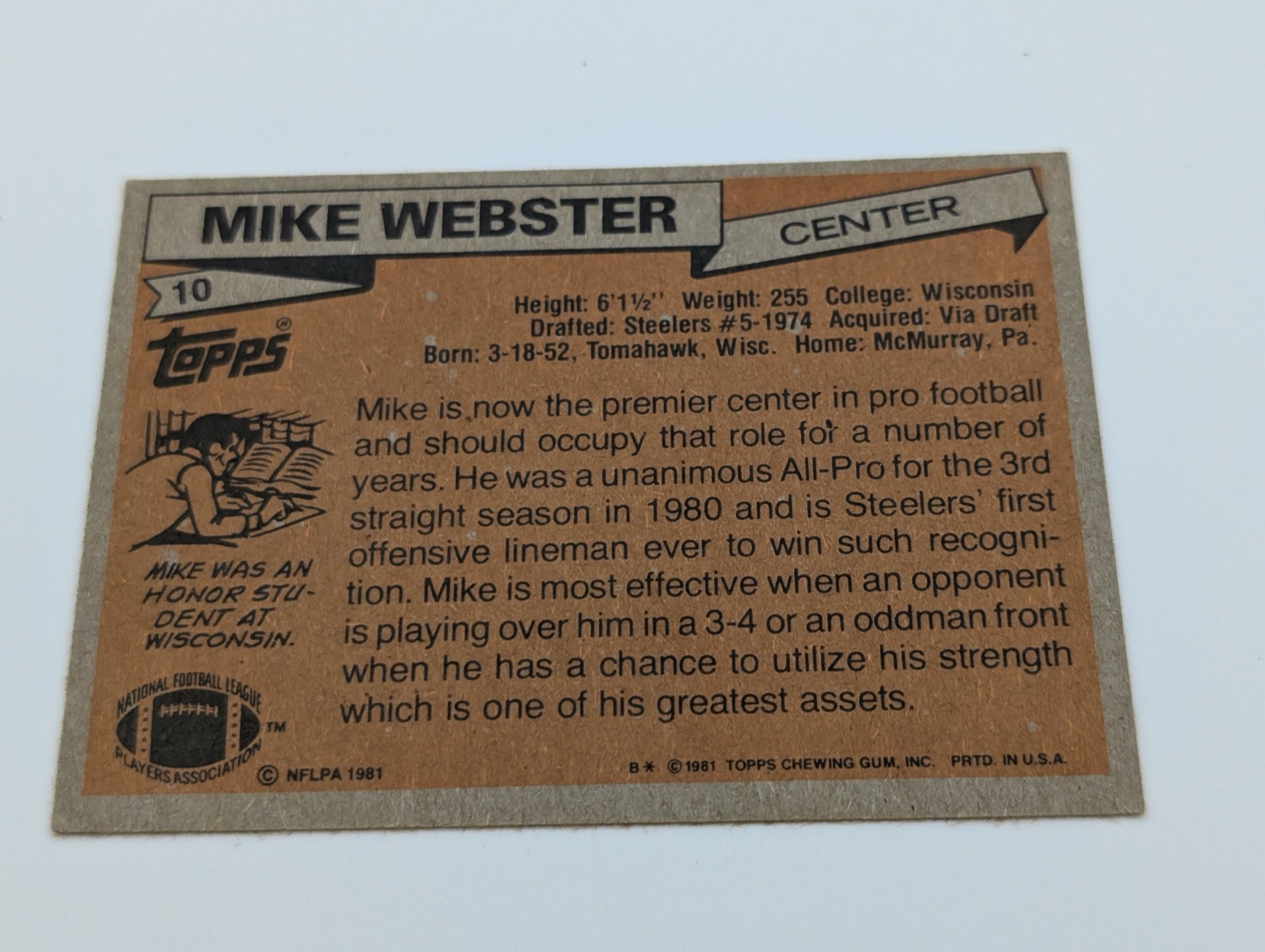 Back view of 1981 Topps Mike Webster football card