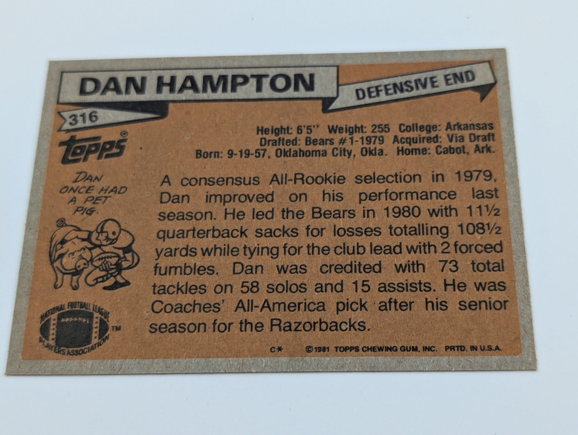 Back view of 1981 Topps Dan Hampton football card