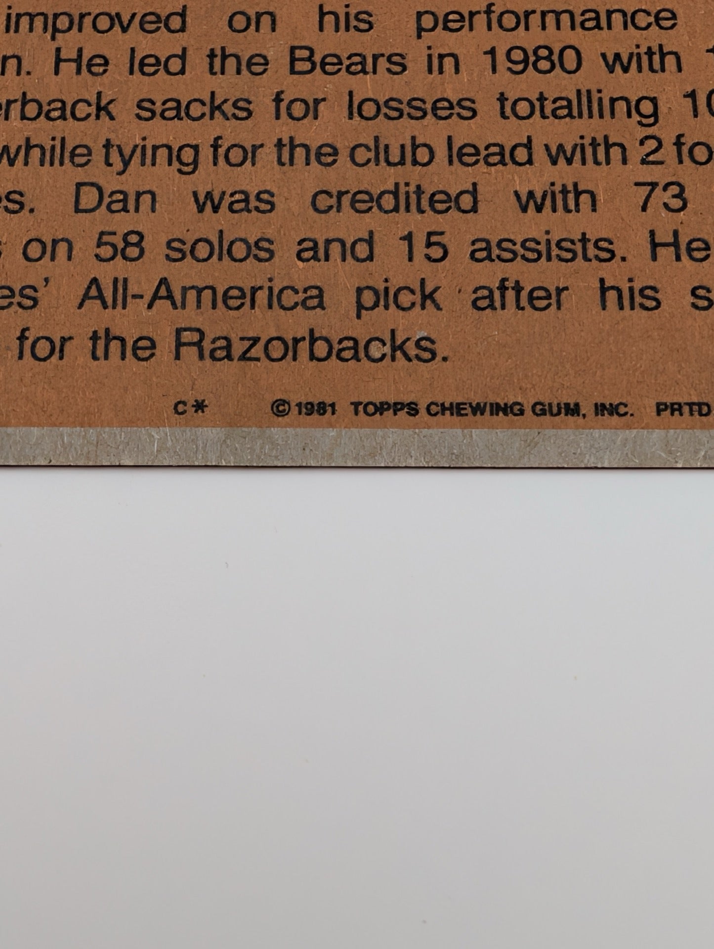 Detail of copyright text on 1981 Topps Dan Hampton card