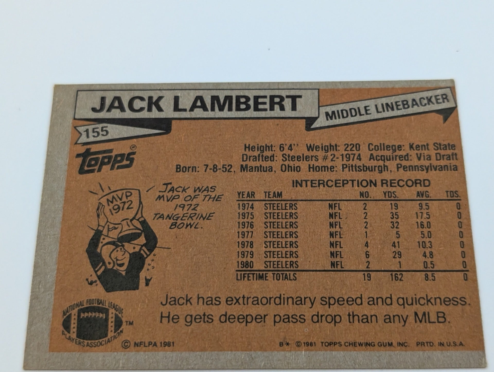 Back of 1981 Topps Jack Lambert #155 football card