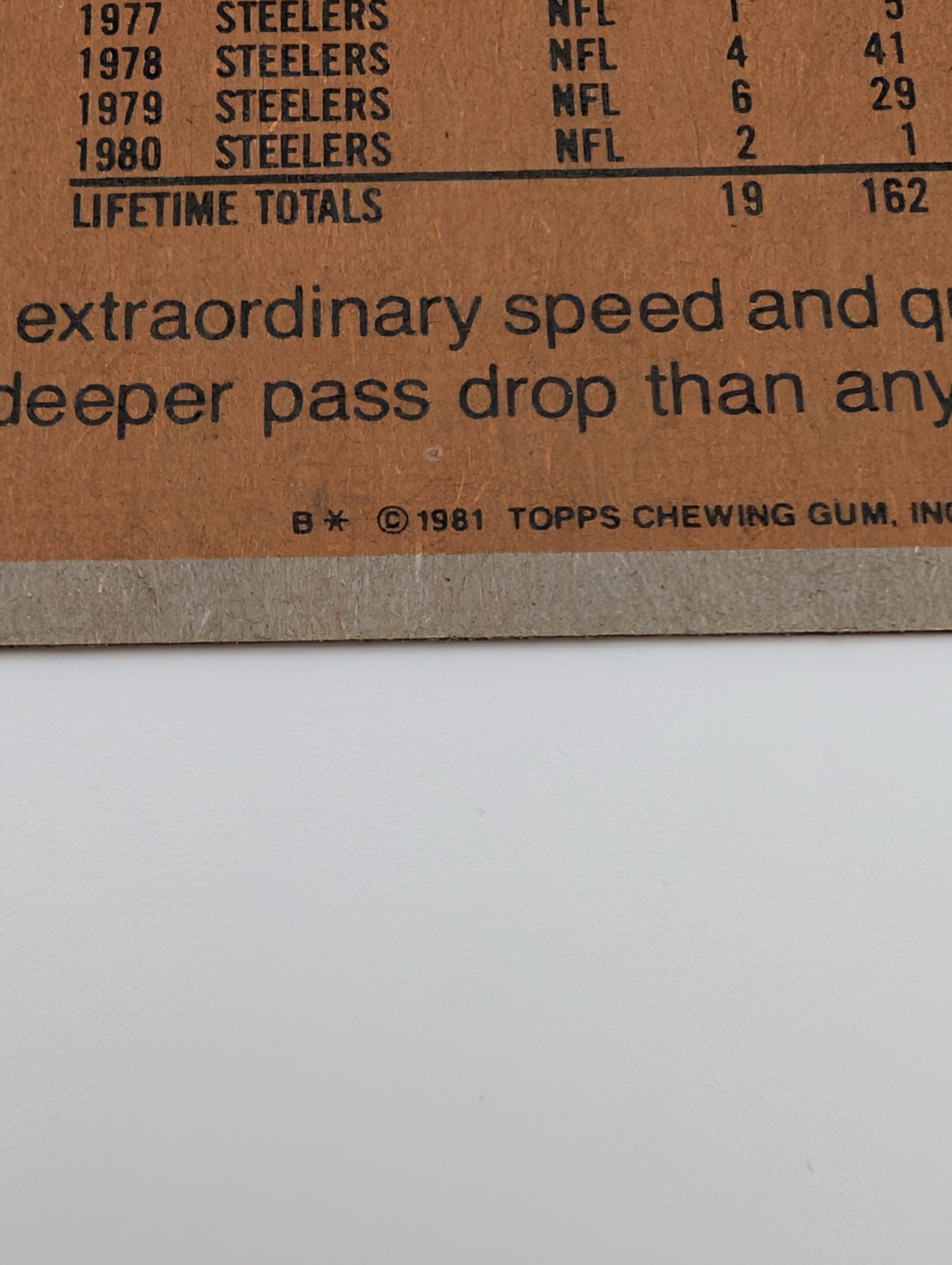 Close up of copyright on back of 1981 Topps Jack Lambert card