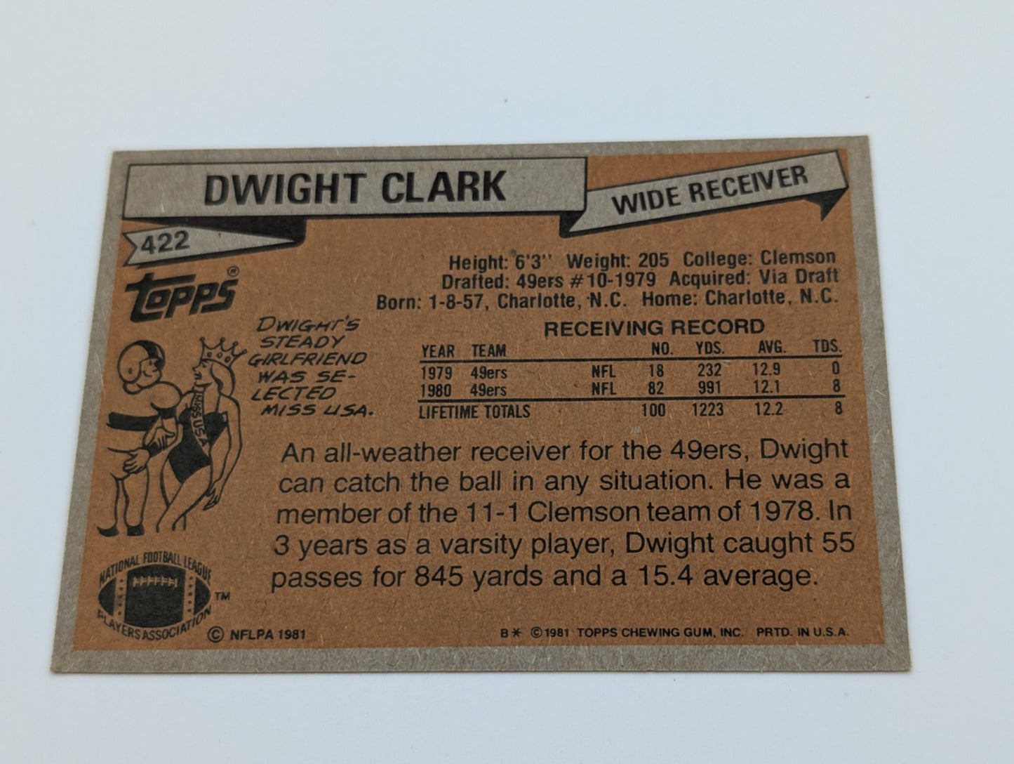 Back of 1981 Topps Dwight Clark #422 football card