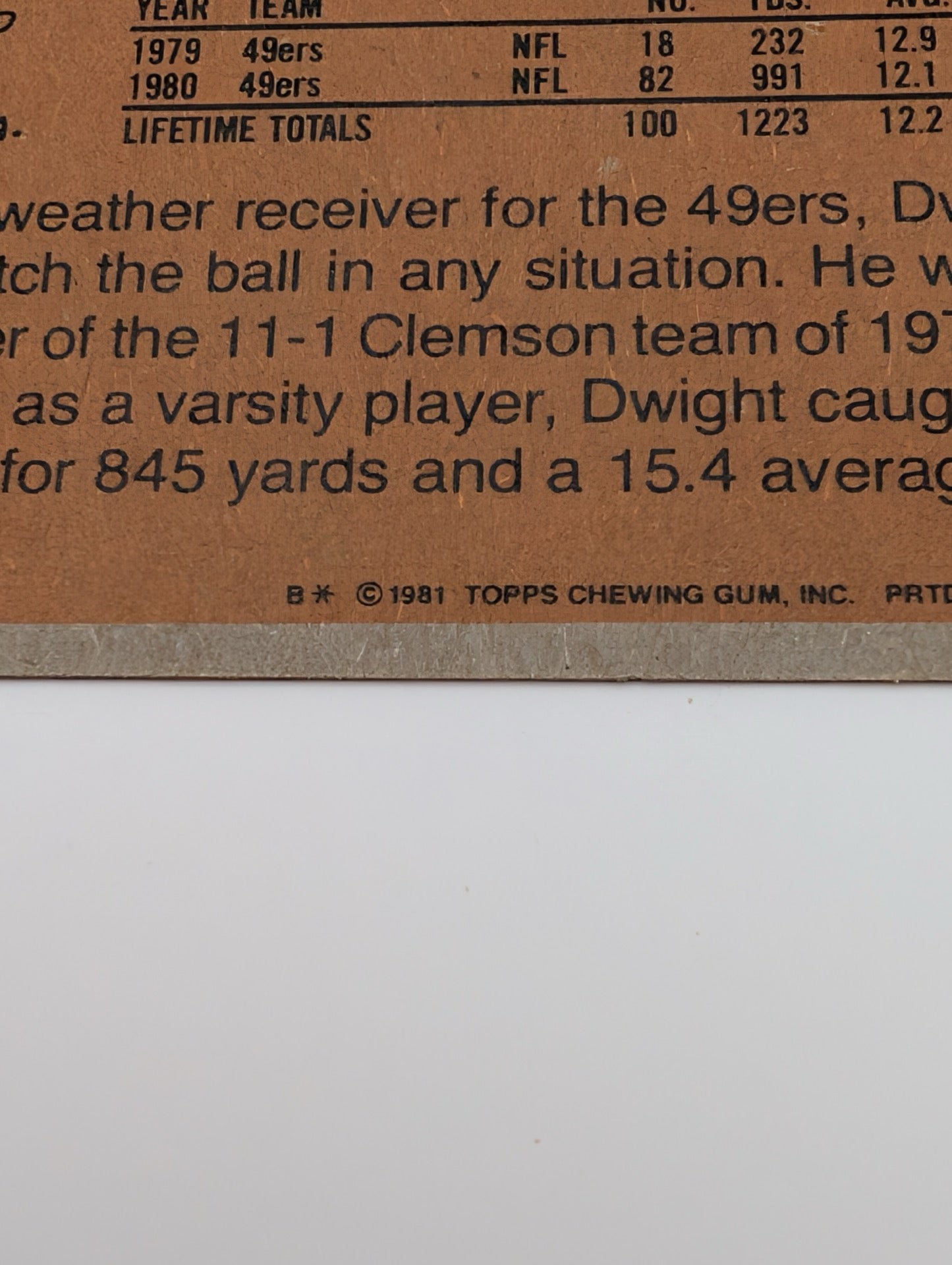 Close up of copyright on back of 1981 Topps Dwight Clark card
