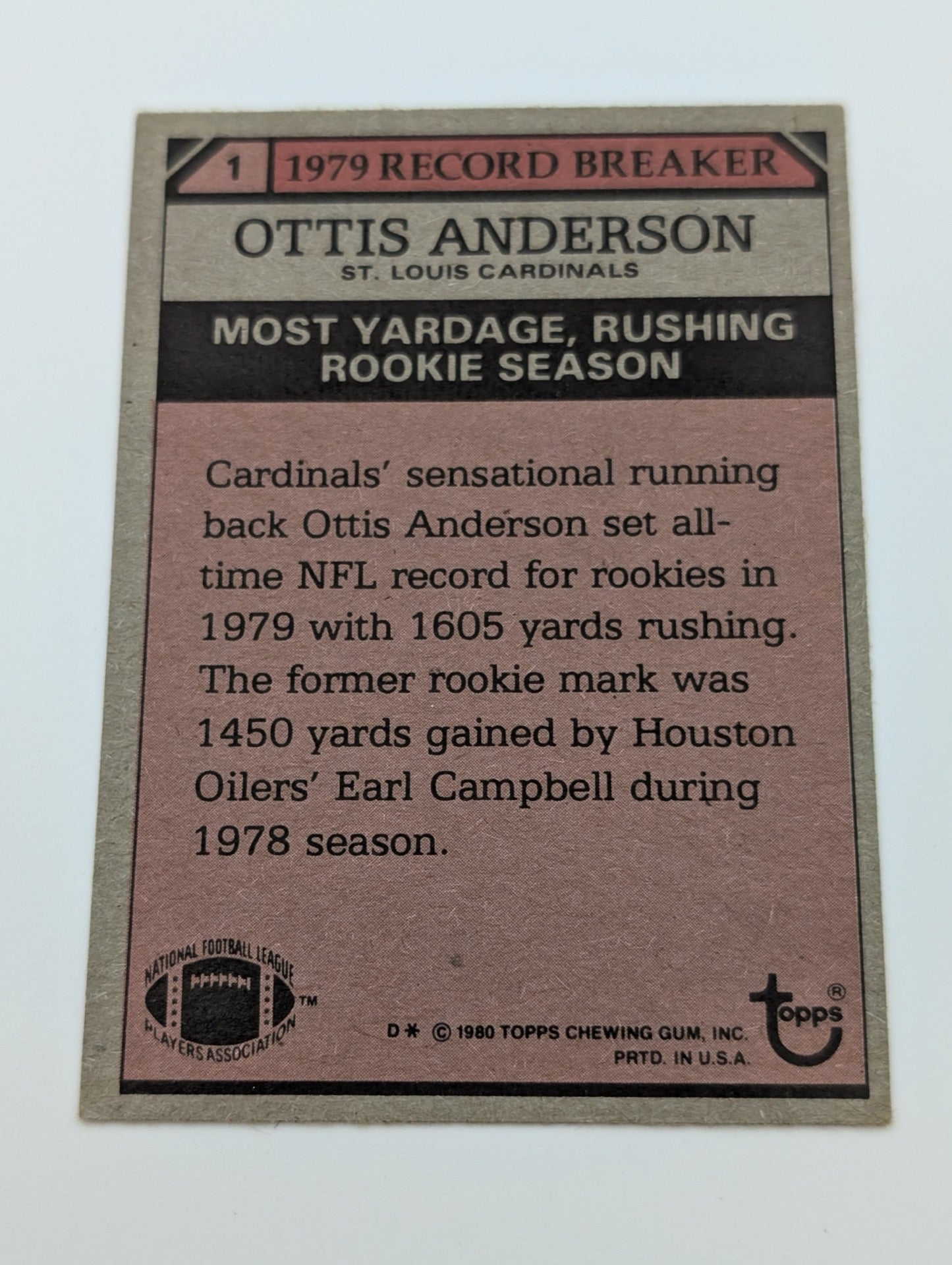Back of 1980 Topps Ottis Anderson #1 football card