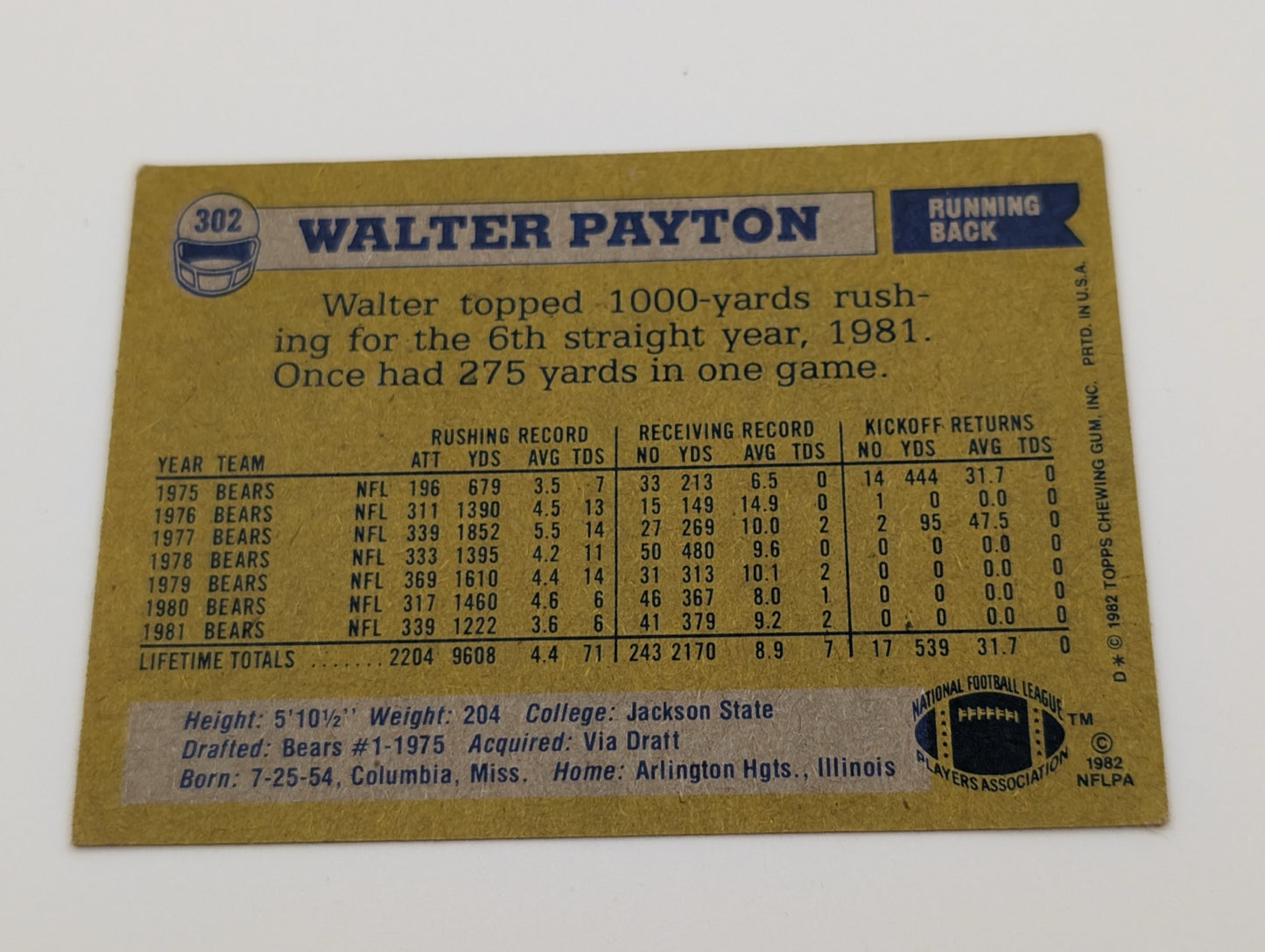 Back of 1982 Topps Walter Payton #302 football card