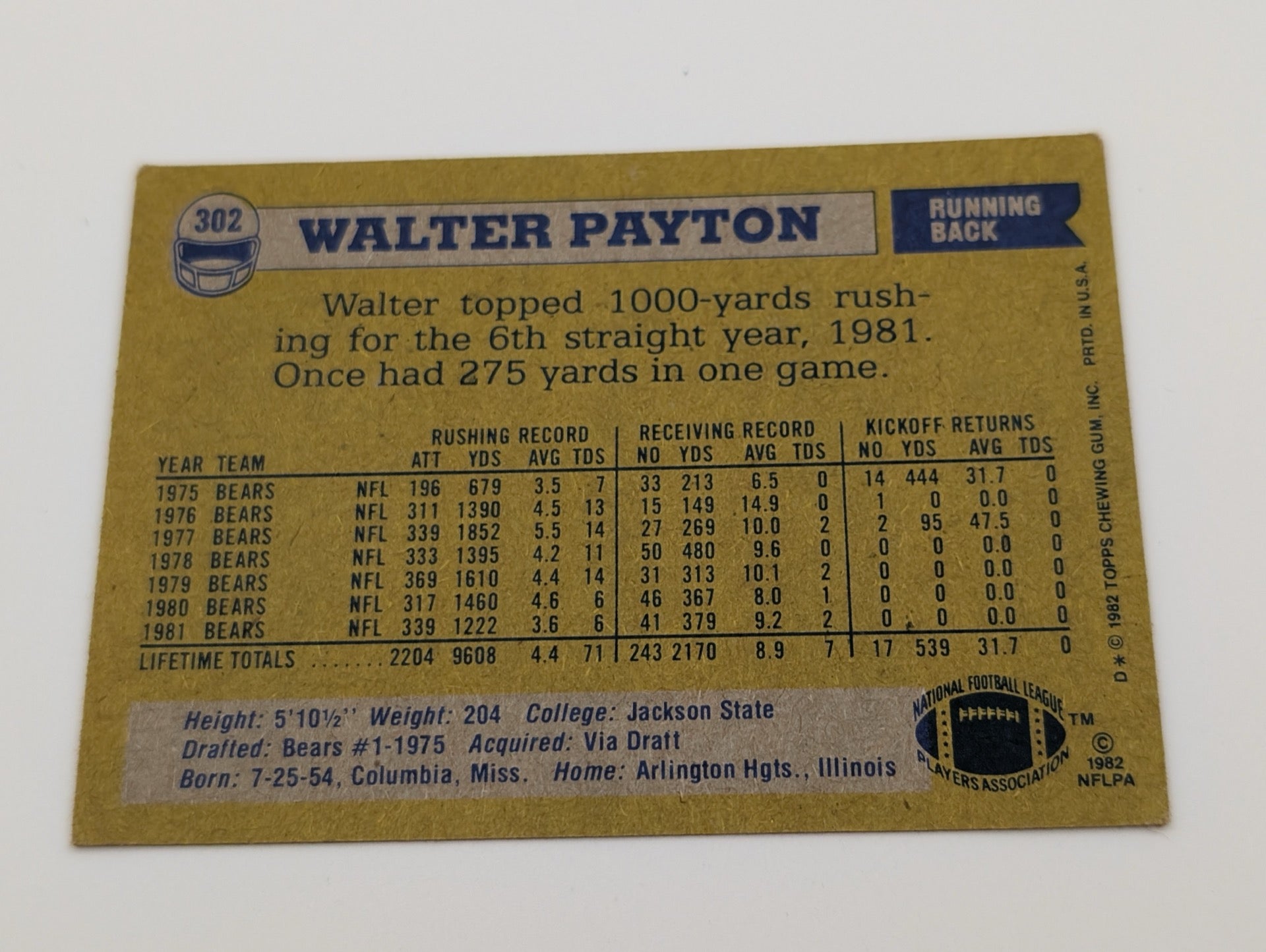 Back of 1982 Topps Walter Payton #302 football card