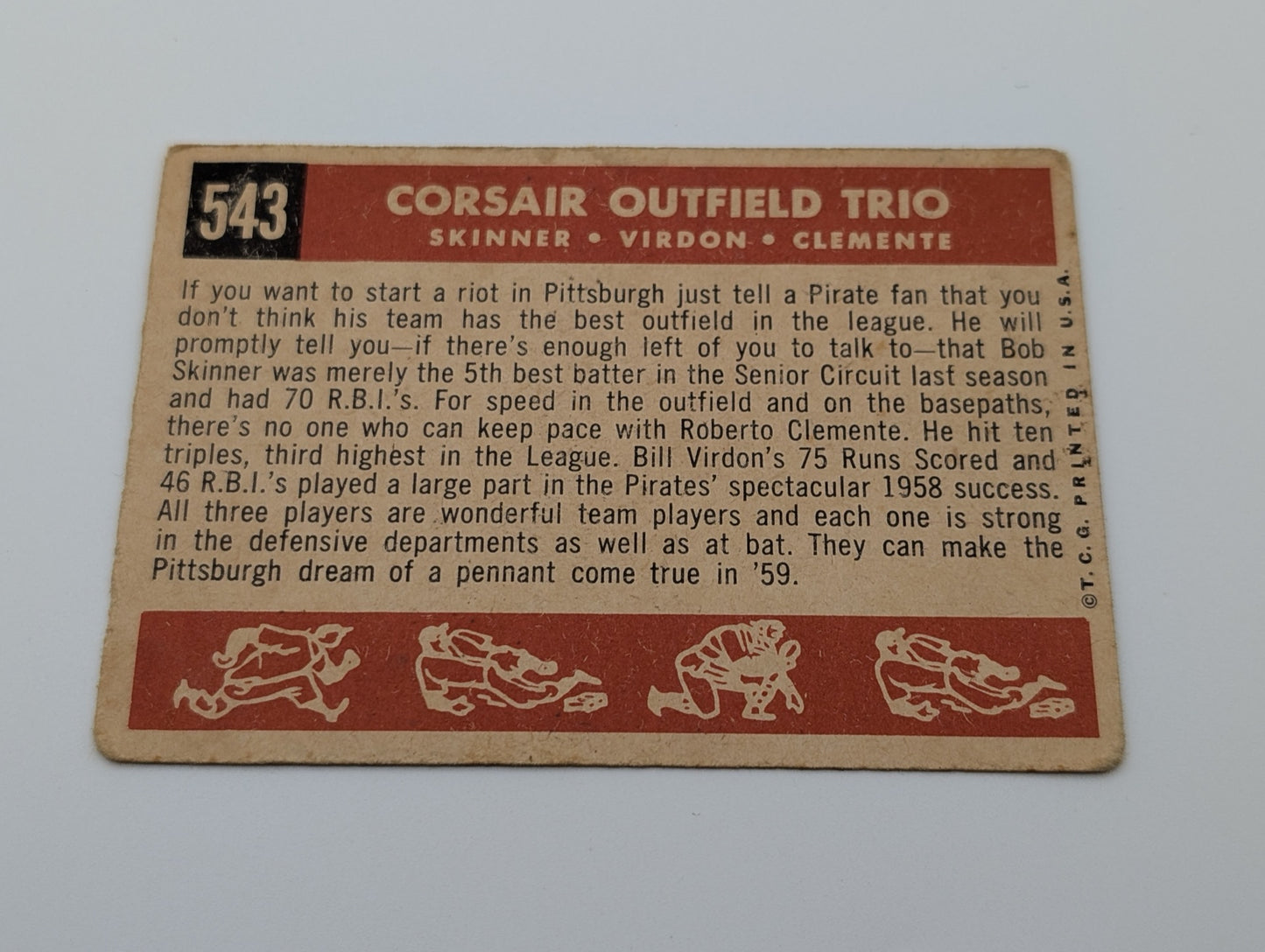 Back of 1959 Topps Corsair Outfield Trio #543 baseball card