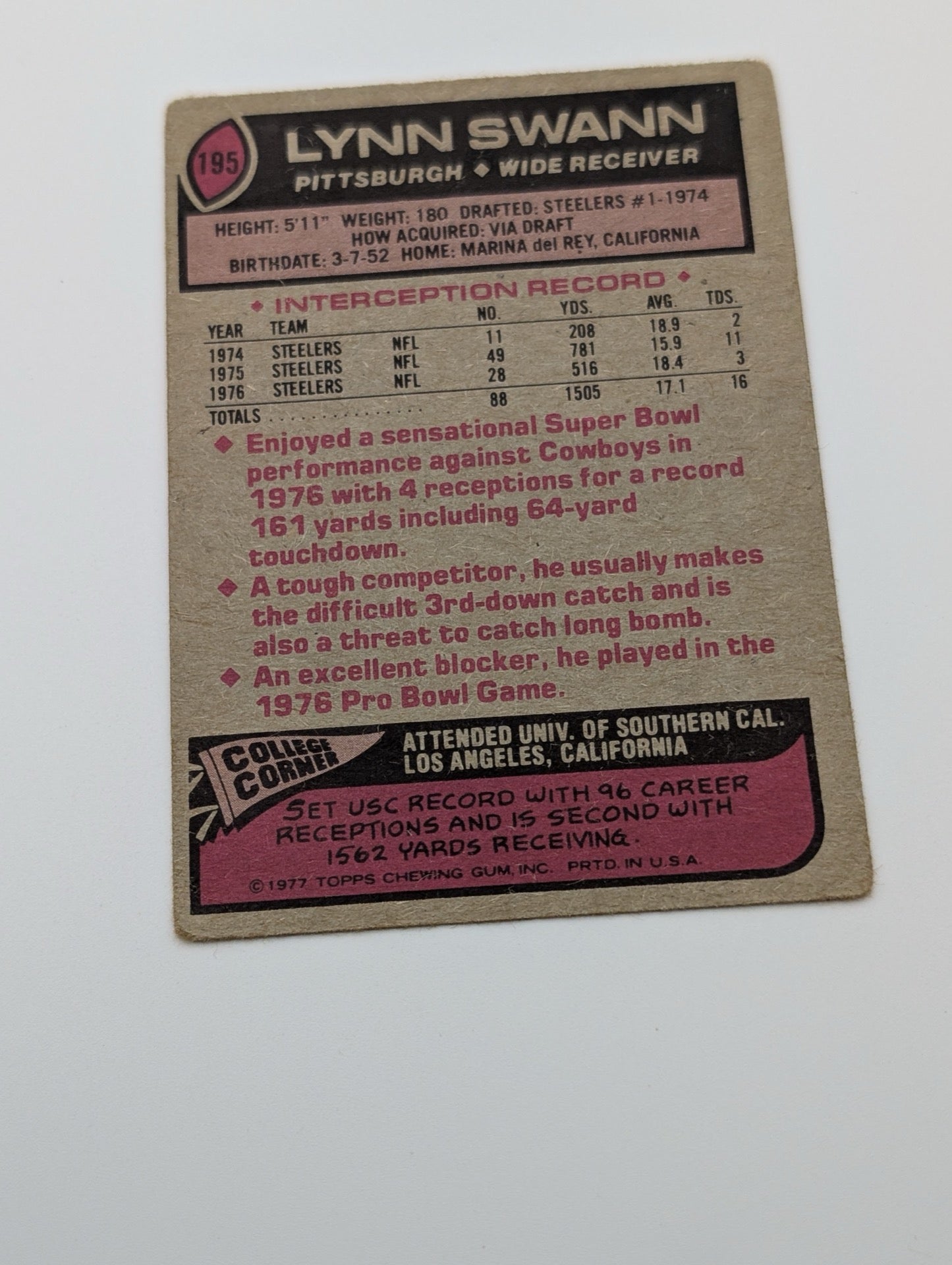 Back of 1978 Topps Lynn Swann #195 football card