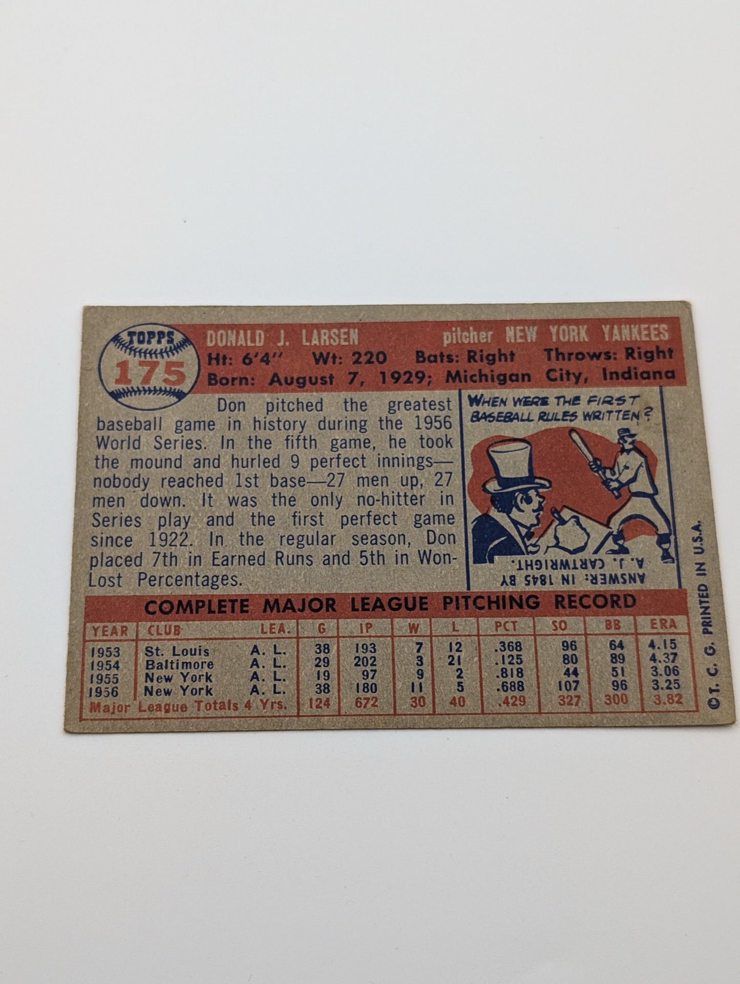 Back of 1957 Topps Don Larsen #175 baseball card