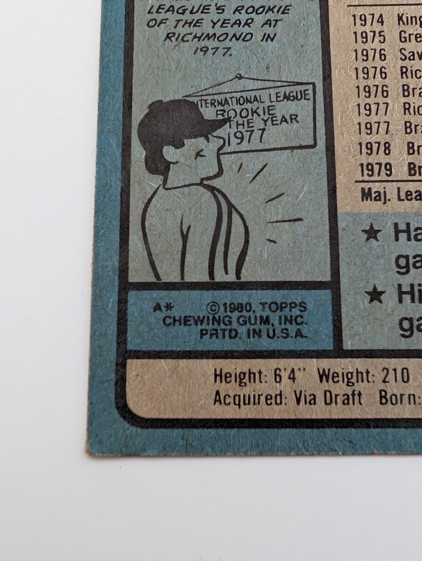 Close up of copyright on back of 1980 Topps Dale Murphy card