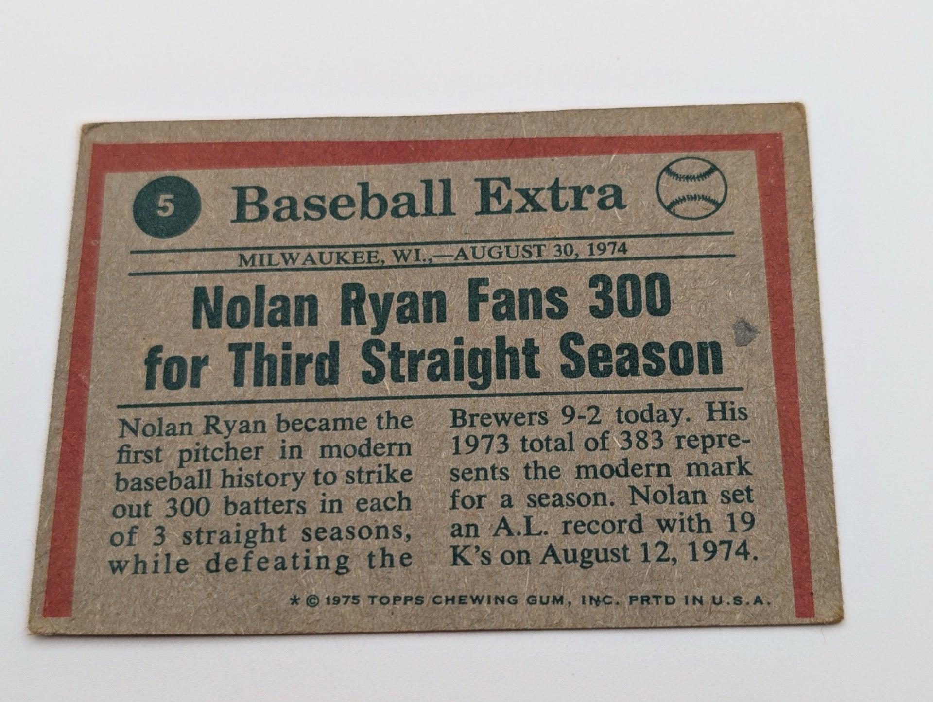 Back of 1975 Topps Nolan Ryan Highlights card