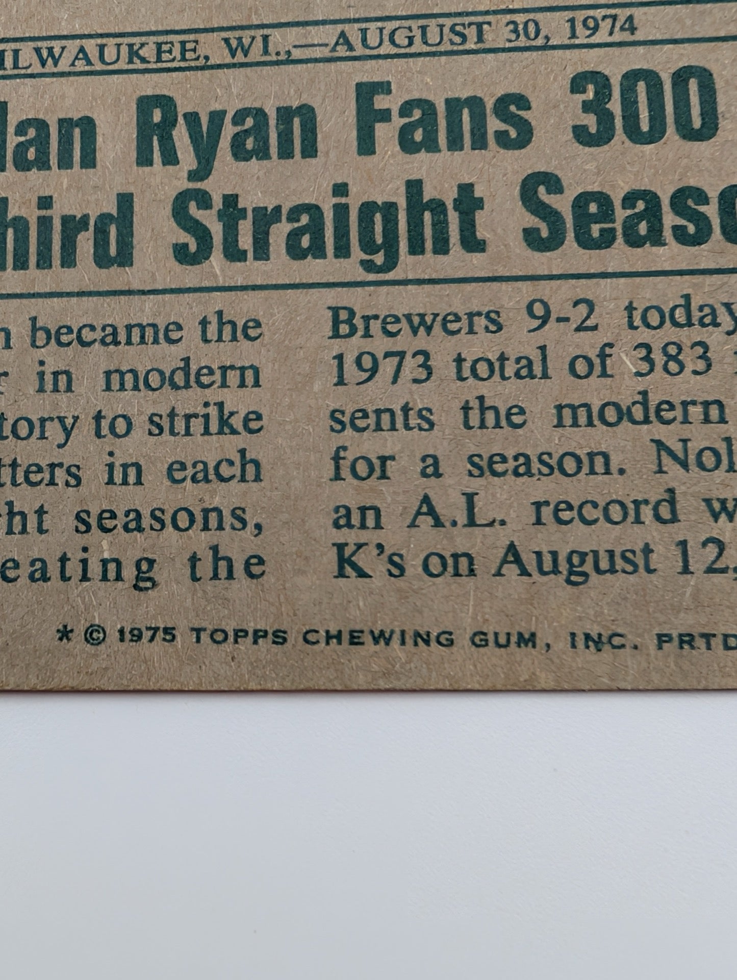 Detail of back of 1975 Topps Nolan Ryan Highlights card